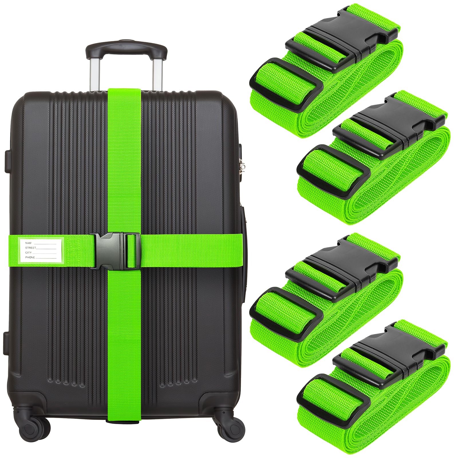 TSA Approved Adjustable Luggage Straps for Suitcases - 4 Pack with Name Card, Secure Travel Belt for Suitcases (Green) - Perfect for Air Travel, Cruise Trips & Train Journeys