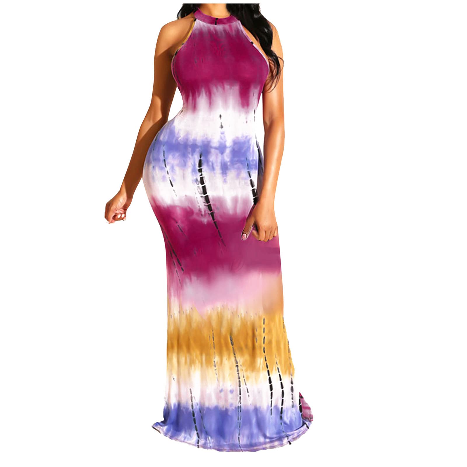 Sexy Tie-Dye Halterneck Bodycon Dress for Women - Sleeveless Club Party Dress with Button Detail in Hot Pink | Night Out, Clubbing, Date Night, Summer Fashion
