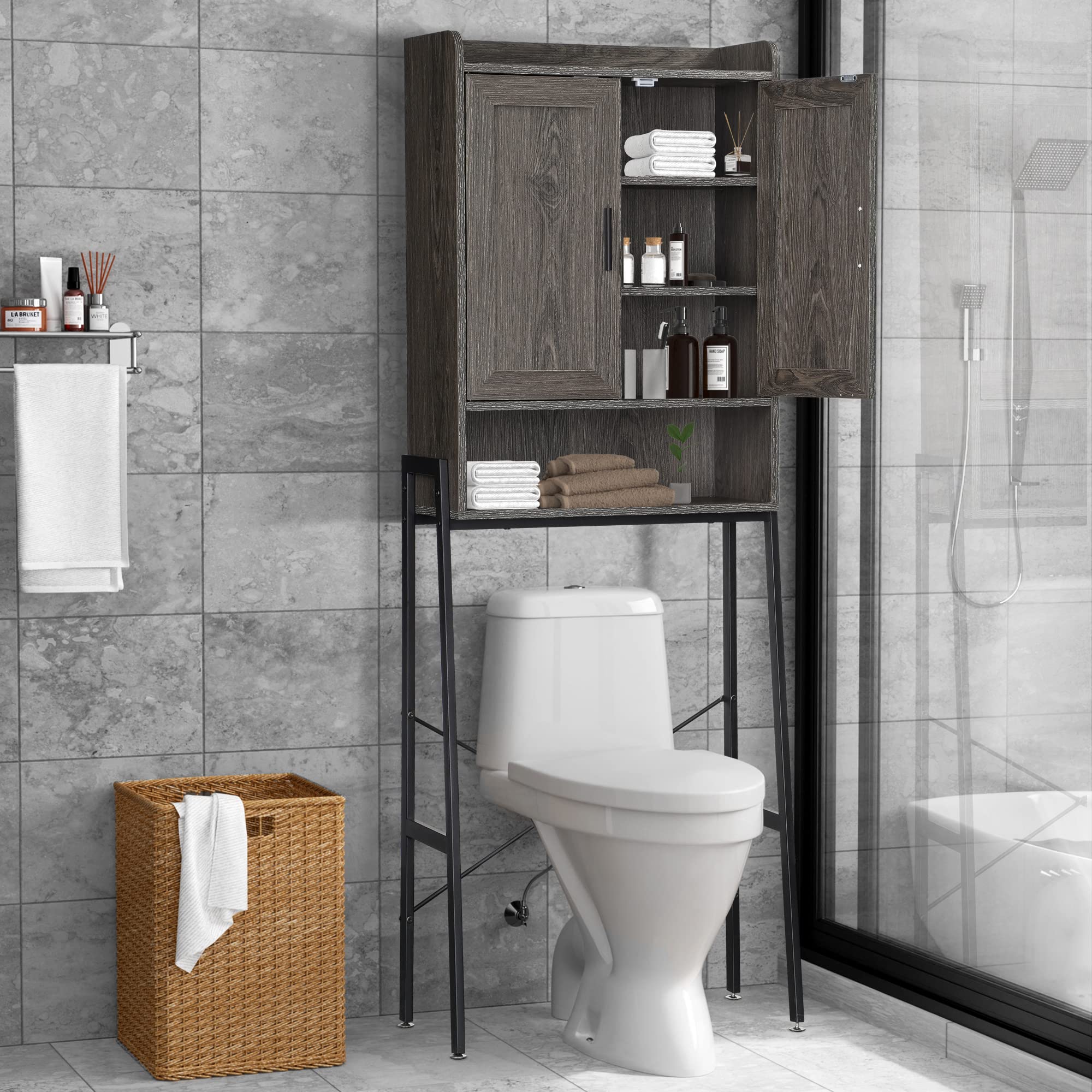 ApexNova Over The Toilet Storage Cabinet - Space Saving Wooden Bathroom Organizer Shelf with Double Doors & Adjustable Feet - Perfect for Small Bathrooms, Apartments, and Tight Spaces