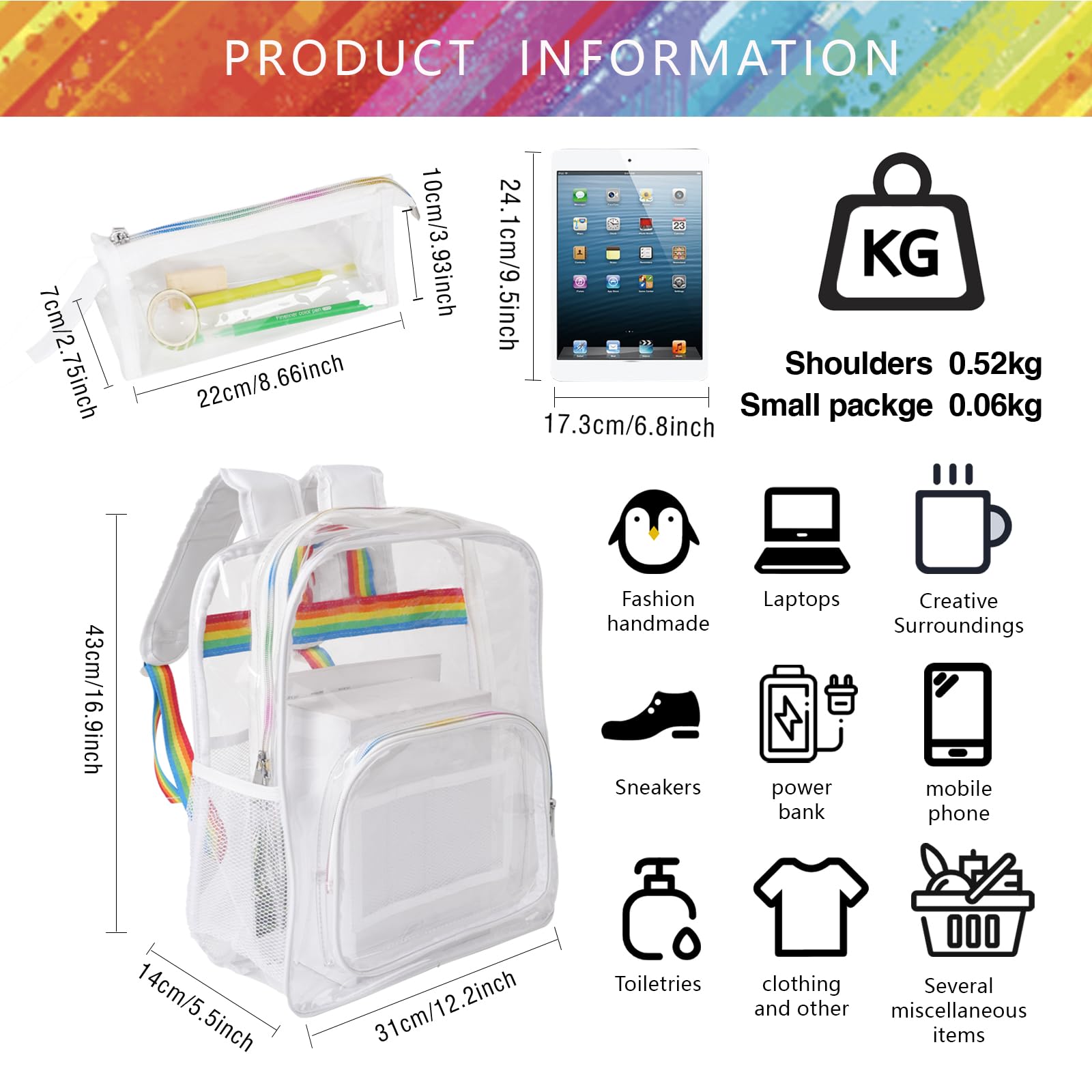 Stadium Approved Clear Backpack - Large Waterproof Transparent School Backpack with Pen Holder for Sports, Travel & School | Heavy Duty See-Through Bag (White) - Perfect for Concerts, Airports & Security Checkpoints