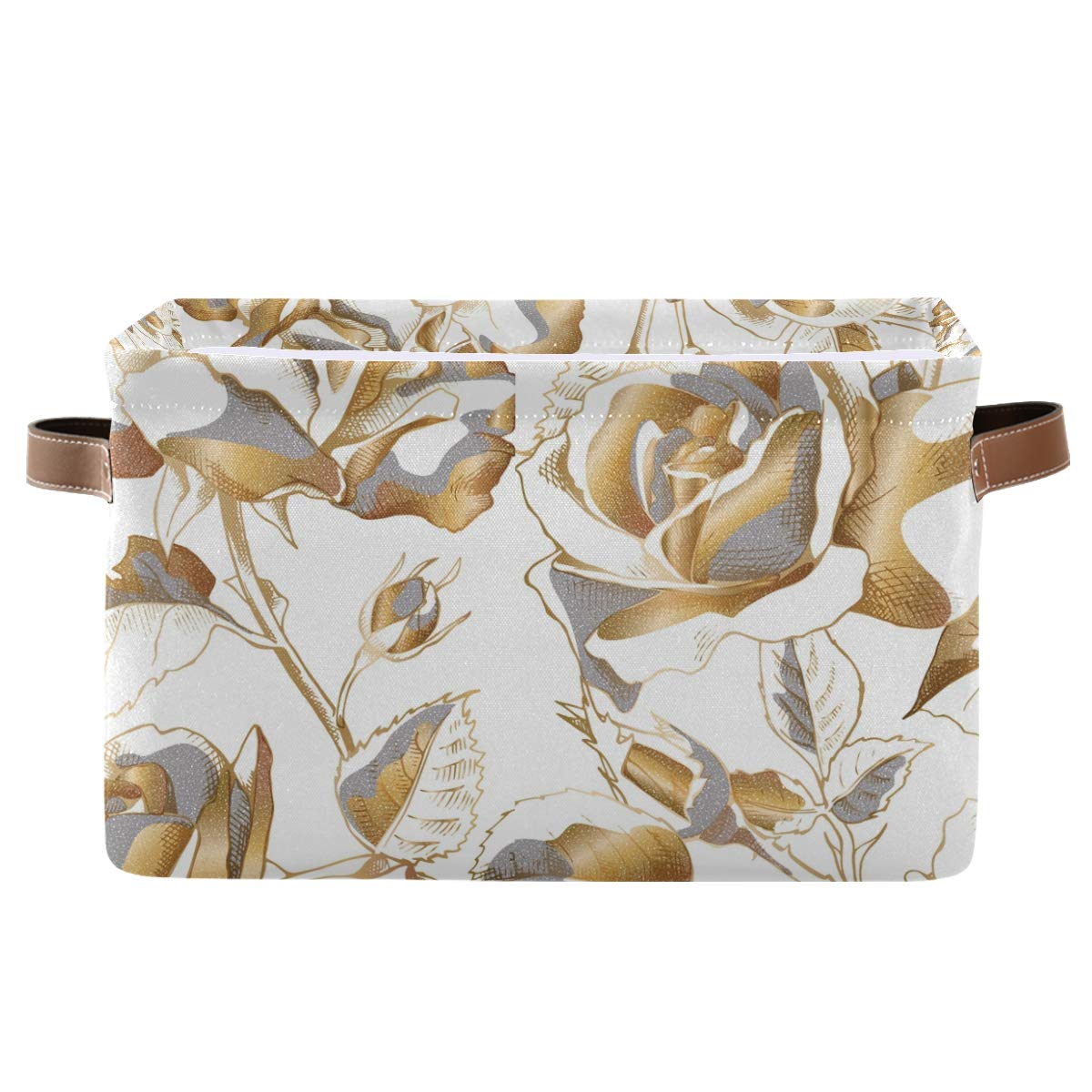 Vintage Gold Rose Floral Foldable Storage Bin - Large Collapsible Fabric Storage Box with Leather Handles, 2-Pack - Perfect for Home Organization, Bedroom, Nursery, Office & Shelves Decor