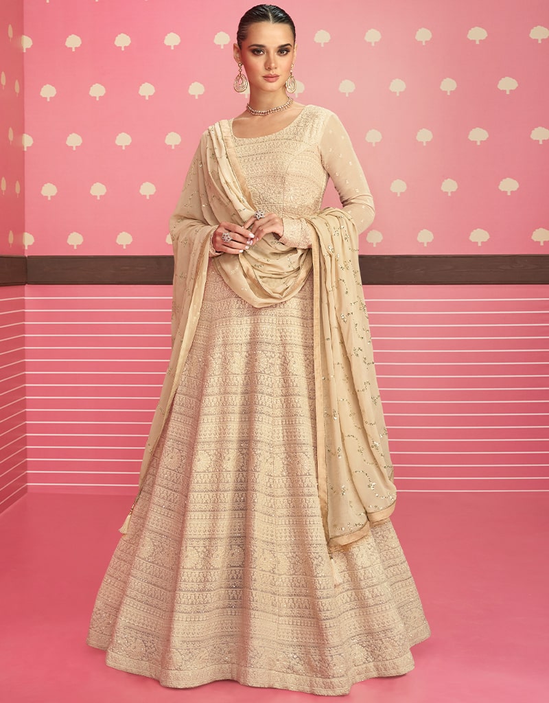 Elegant Beige Anarkali Semi-Stitched Suits for Women | Traditional Indian Ethnic Wear | Perfect for Weddings, Festivals & Special Occasions