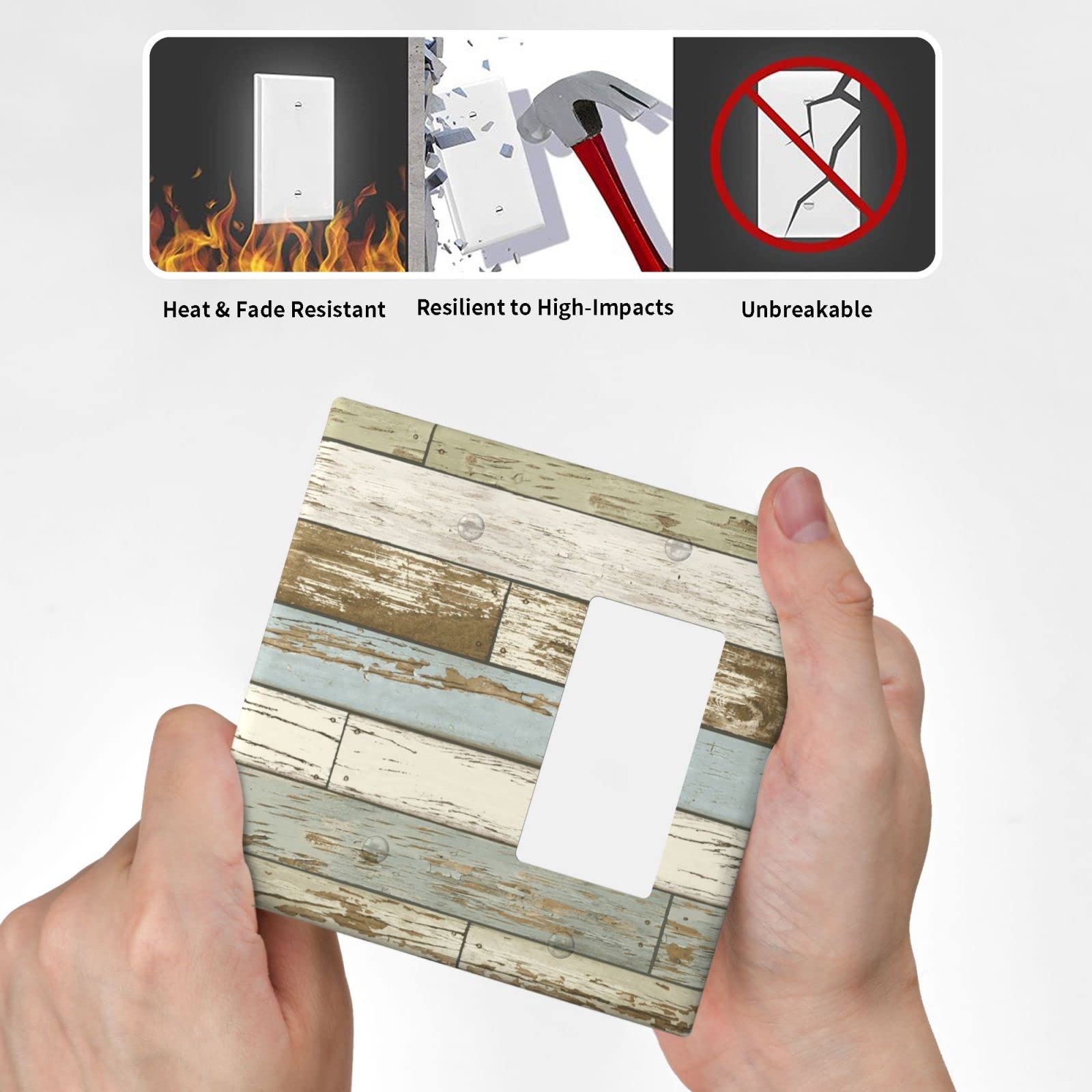 Farmhouse Style 2 Gang 1 Blank 1 Rocker Switch Plate Cover - Standard Size 4.5 x 4.5 Inch - Rustic Wood Print Outlet Cover - Perfect for Living Room, Bedroom & Home Decor