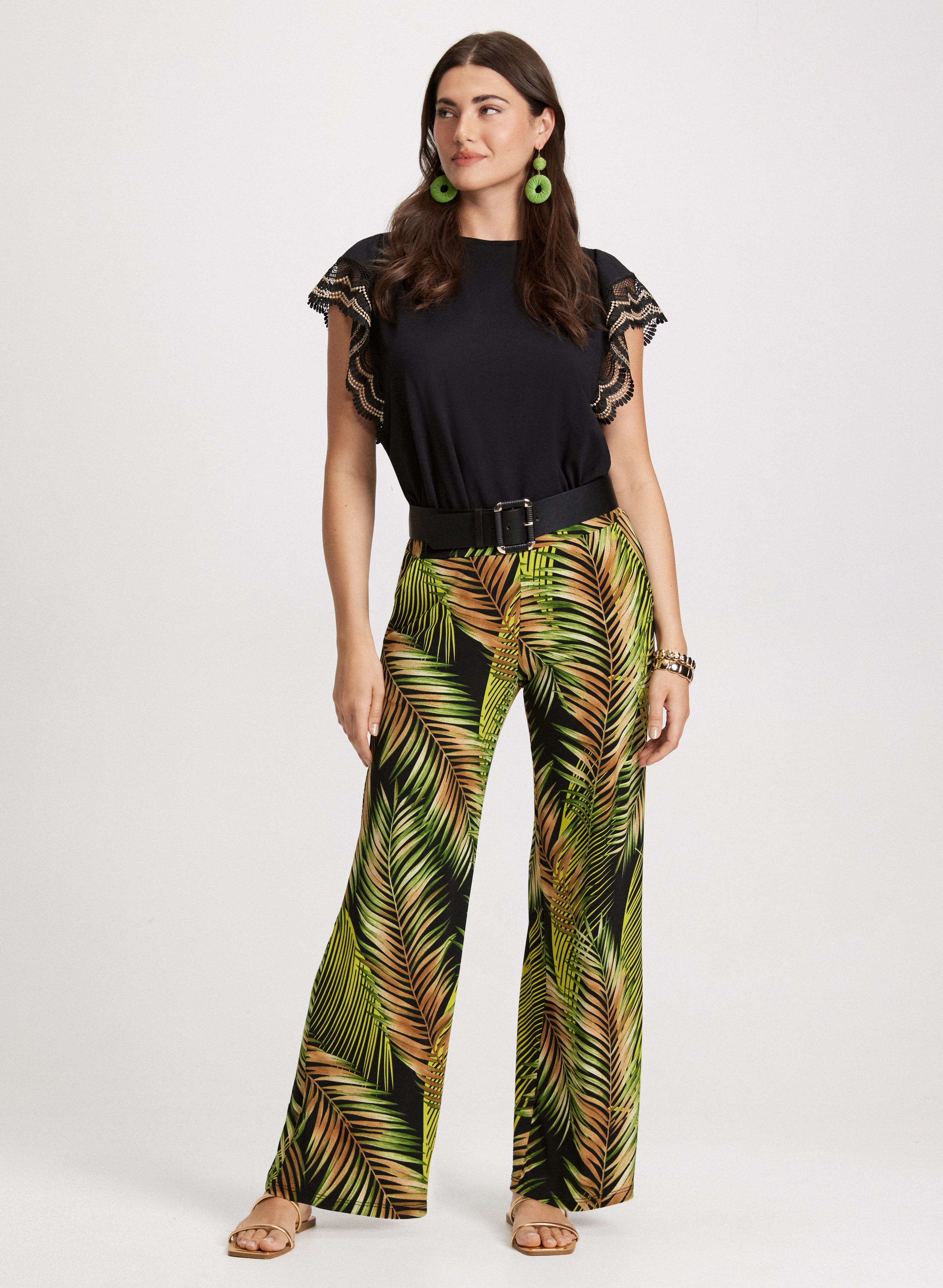 Crochet Trim T-Shirt & Palm Print Pants Set - Women's Boho Summer Outfit for Beach Vacation and Casual Wear