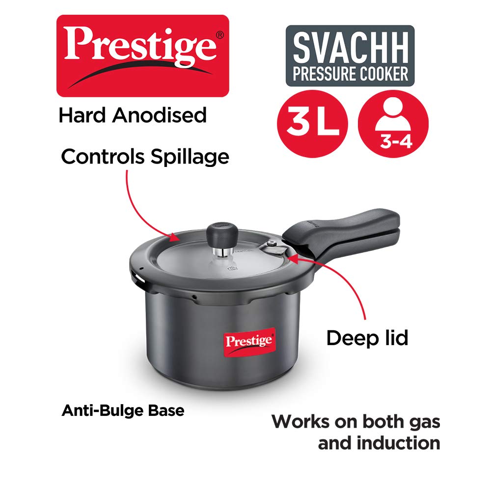 Prestige Svachh Hard Anodized 3L Pressure Cooker - Fast & Safe Cooking for Indian Cuisine, Meal Prep & Large Families