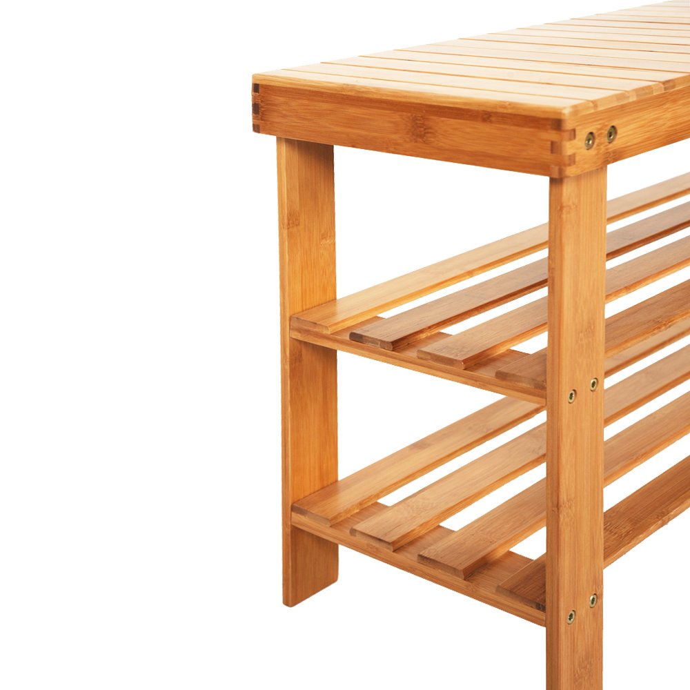 3-Tier Bamboo Shoe Rack Bench with Strip Pattern - Entryway Shoe Organizer & Storage Shelf for Hallway, Bathroom, Living Room & Corridor - Space-Saving Natural Wood Shoe Storage Solution for Small Apartments and Closet Organization