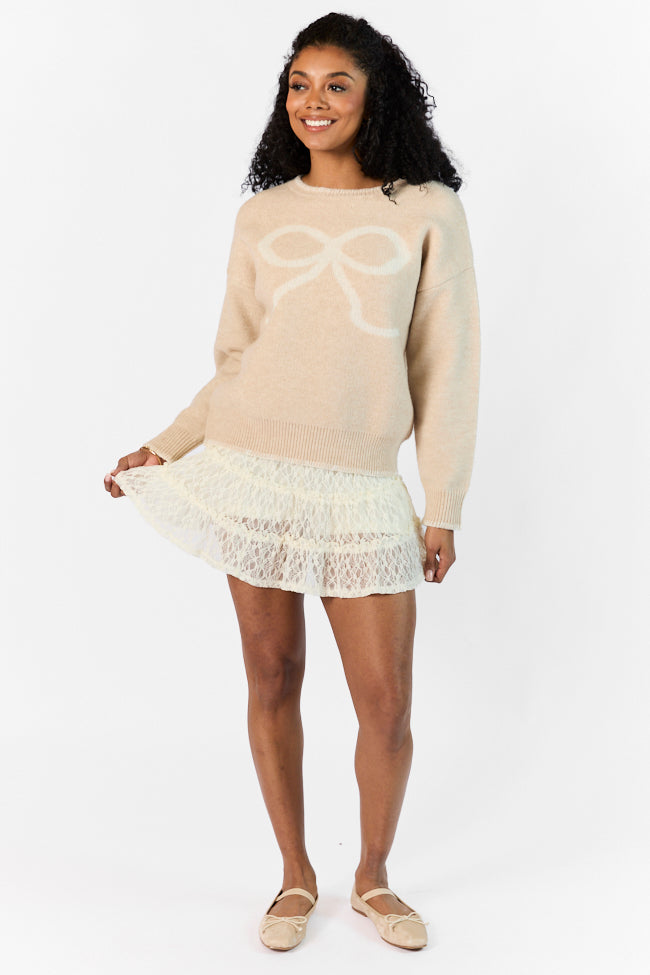 Peek A Bow Beige and Ivory Crew Neck Sweater for Women - Soft Knit Pullover Top for Fall & Winter - Casual Office Wear & Holiday Outfits