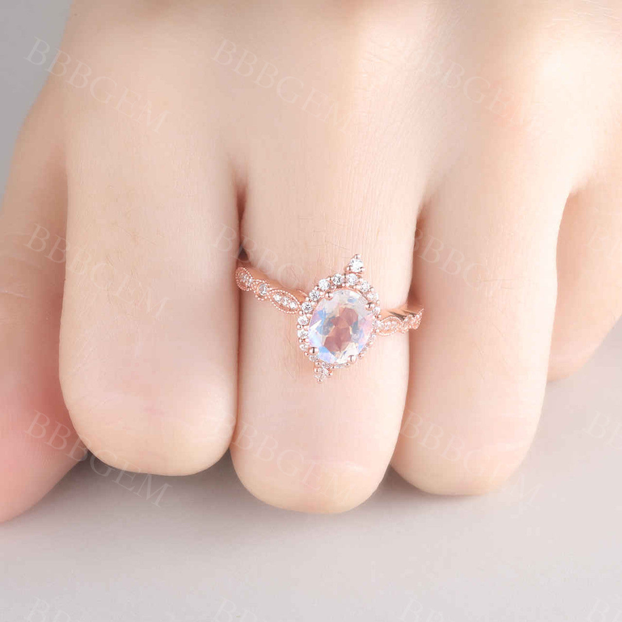 Vintage Rose Gold Moonstone Engagement Ring with Floral Halo Diamond - Elegant Bridal Promise Ring for Wedding, Proposal & Anniversary Gifts
