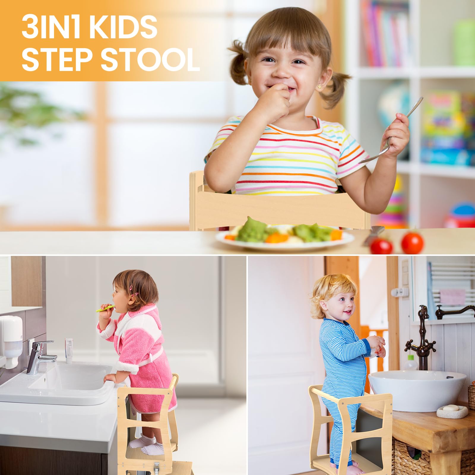 Foldable Toddler Tower & Kitchen Stool Helper - Safe Learning Wooden Step Stool for Kids, Weaning Table for Bathroom & Kitchen Counter - Perfect for Cooking, Baking & Bath Time