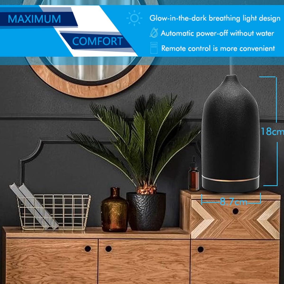 Black Ceramic Essential Oil Diffuser & Humidifier - 160ml Ultrasonic Aromatherapy Diffuser for Home, Office, Yoga & Spa Relaxation