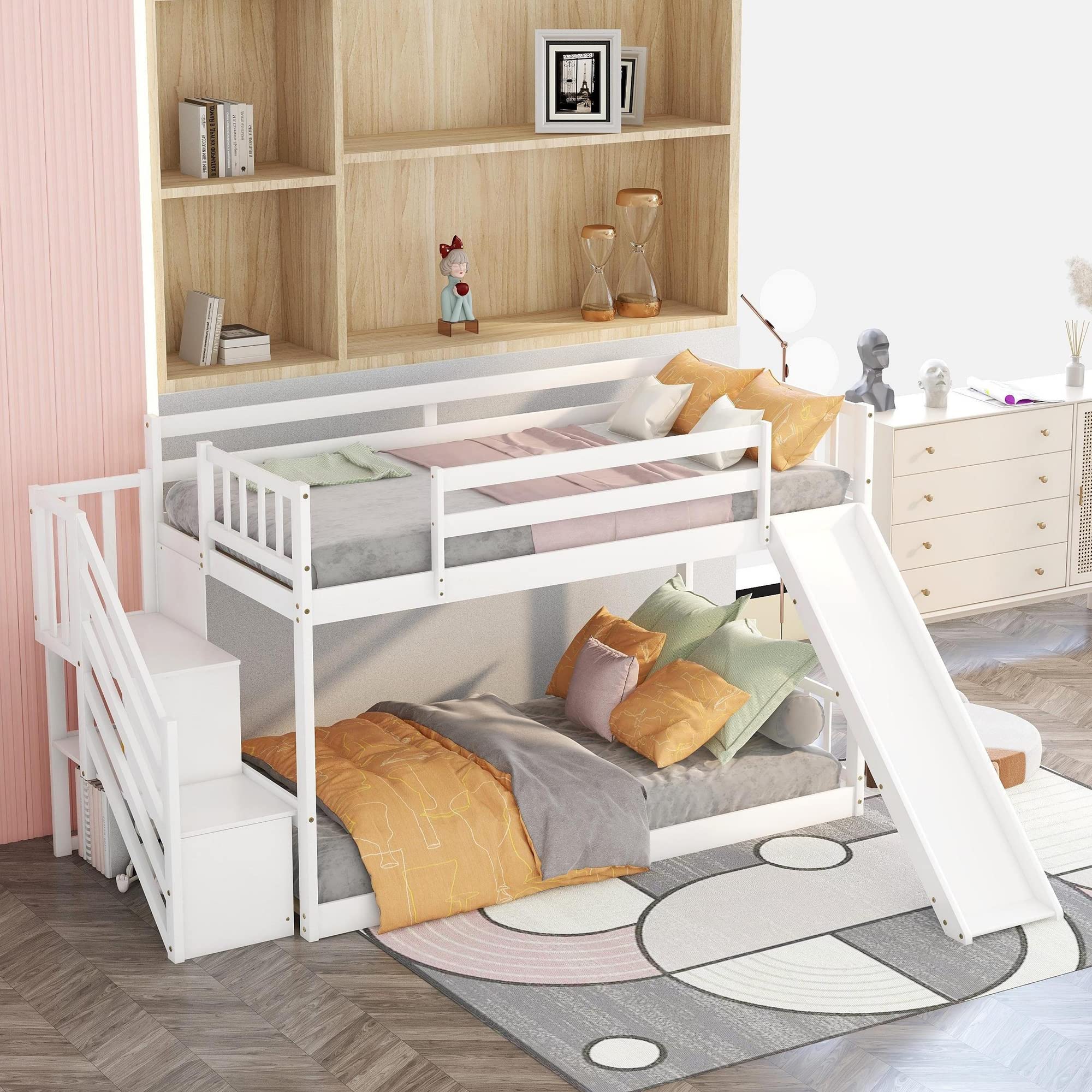 Harper & Bright Designs Twin Over Twin Low Profile Bunk Bed with Slide & Staircase - Solid Wood Kids Bunk Bed, No Box Spring Needed, White - Perfect for Small Rooms, Kids' Bedrooms & Sleepovers