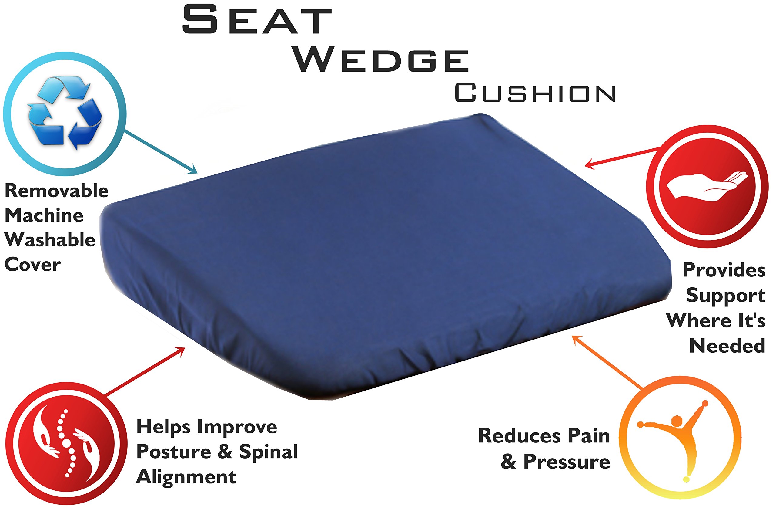 Orthopedic Wedge Cushion for Office Chair - Memory Foam Seat Cushion for Back Pain Relief & Posture Support - Pressure Relief Pillow for Sciatica & Tailbone Pain - Navy Blue Poly/Cotton Cover (Single Pack) - Perfect for Office Workers, Long-Distance Drivers & Home Use
