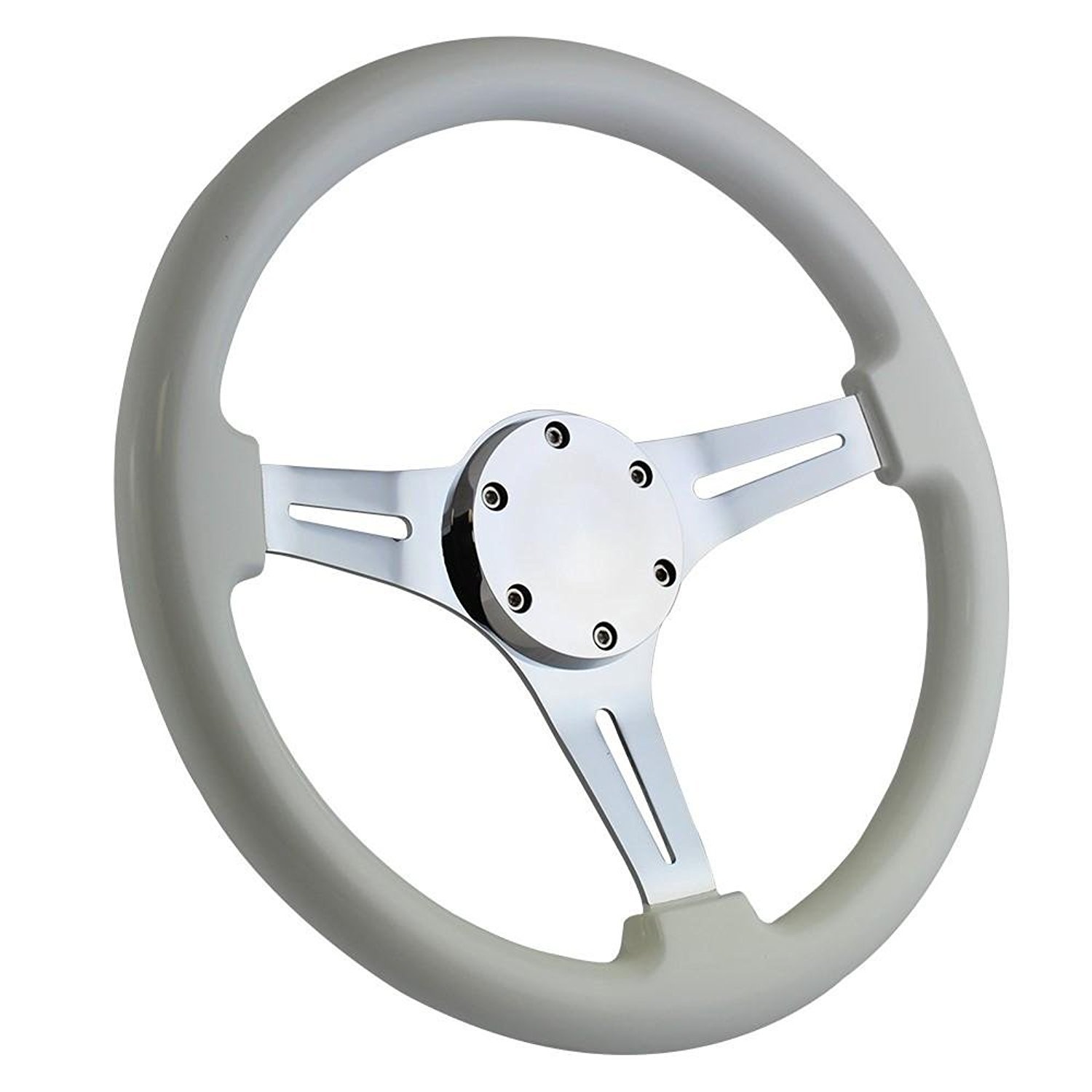 Classic 350mm Chrome Golf Cart Steering Wheel with White Grip & Horn Cover Plate - Premium Replacement for Golf Carts, Utility Vehicles & Neighborhood Electric Vehicles (NEVs) - Perfect for Golf Courses, Resorts & Gated Communities