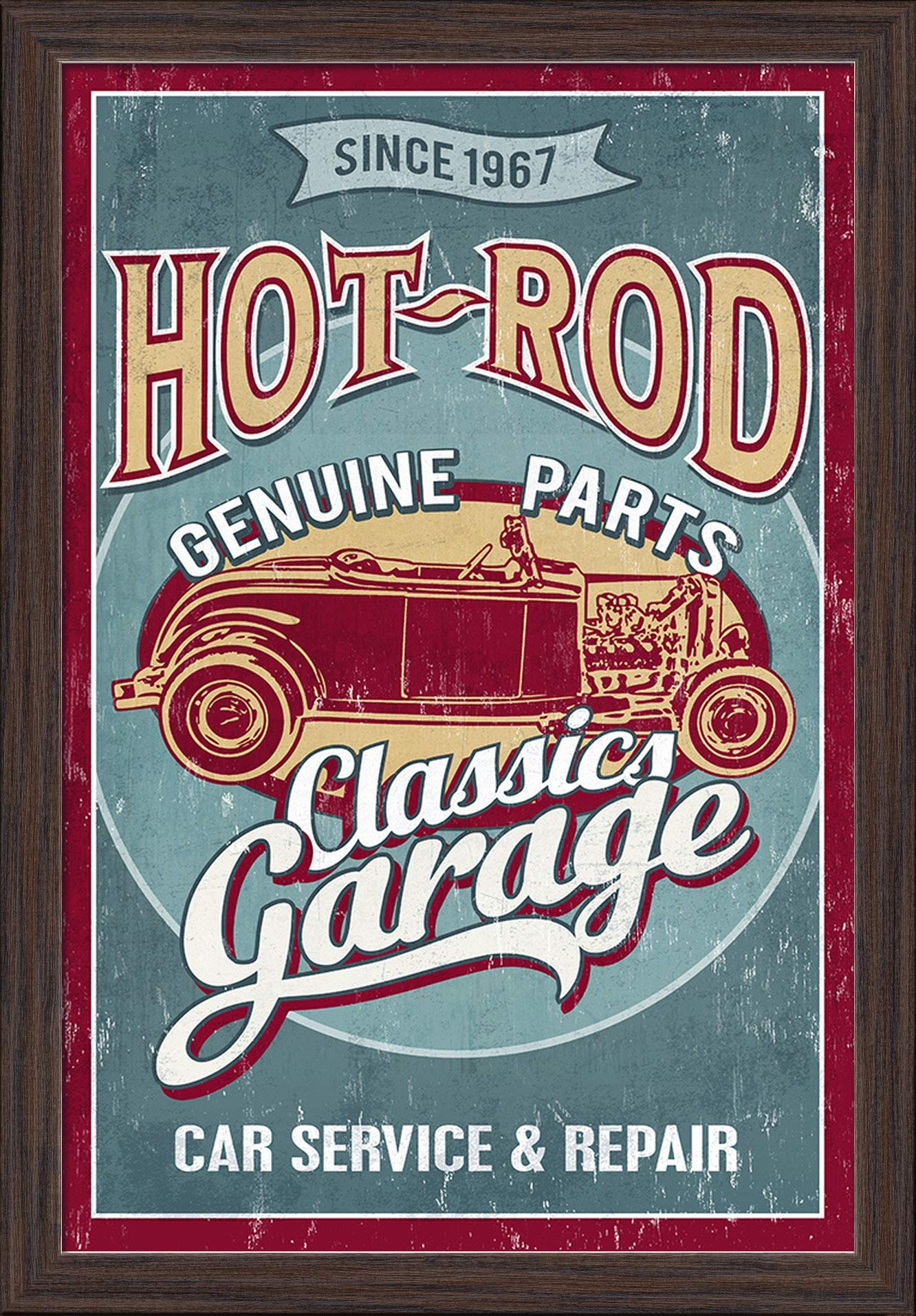 Vintage Hot Rod Garage & Classic Cars Metal Sign - 16x24 Giclee Fine Art Print with Recycled Wood Frame in Espresso Brown - Perfect for Man Cave, Garage Decor, Automotive Enthusiast Gifts