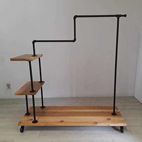 Industrial Style Clothing Rack on Wheels - Heavy Duty Rolling Garment Rack with Adjustable Pipe and Wood Shelves for Closet, Retail Store, and Home Organization