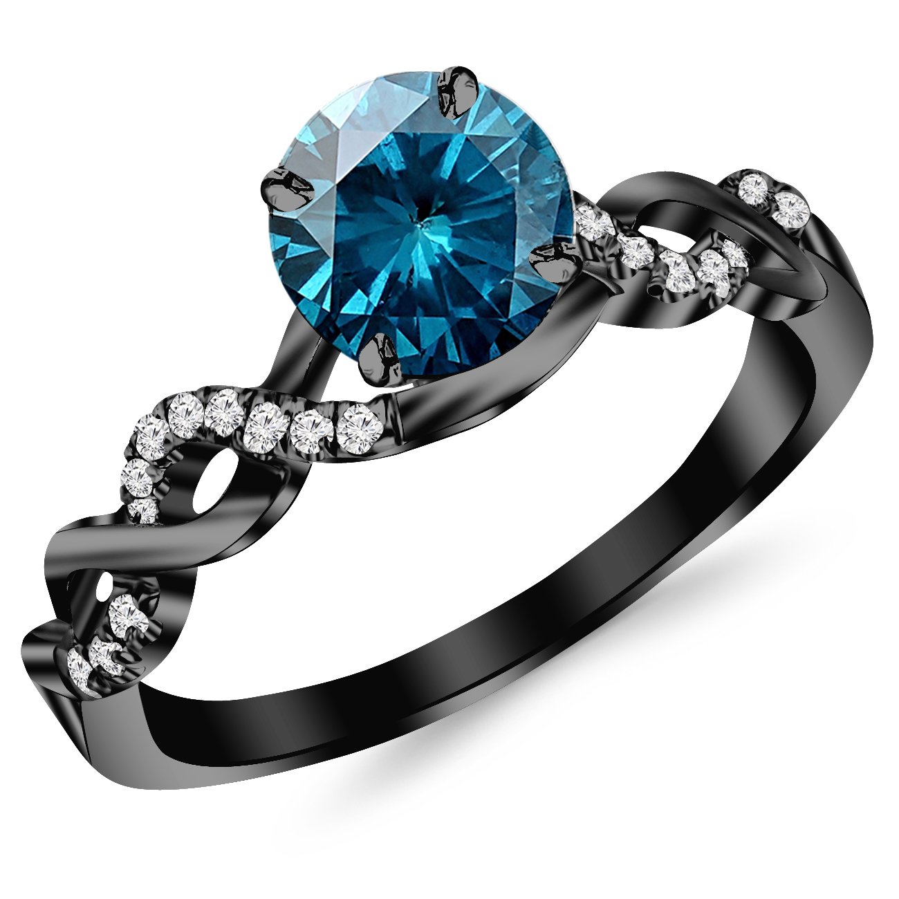 0.63-1.18 Carat 14K Black Gold Infinity Twist Split Shank Diamond Engagement Ring with 0.5ct Blue Diamond Center - Heirloom Quality Pave Setting for Wedding Proposal & Anniversary Gift