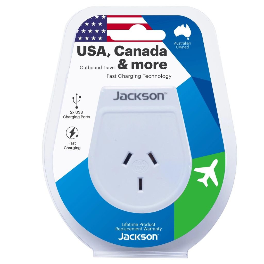 Jackson Outbound Slim USB A & C Travel Adapter - Dual Port Fast Charger for iPhone, Android, Laptop | AUS to USA Power Converter | Perfect for Travel, Business Trips & International Use