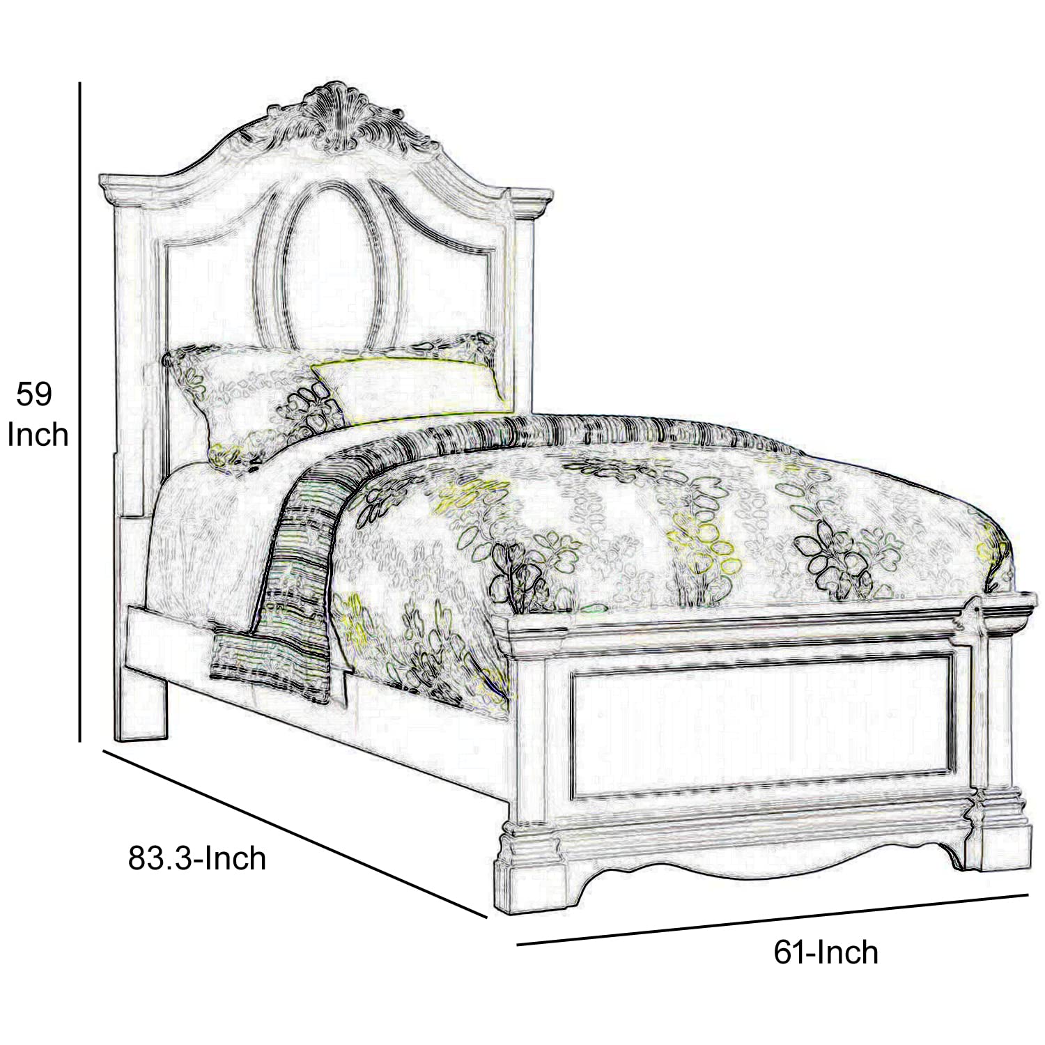 Benjara Traditional Style Wooden Full Size Bed with Crown Carved Headboard - White Solid Wood Bed Frame for Master Bedroom, Guest Room & Home Decor