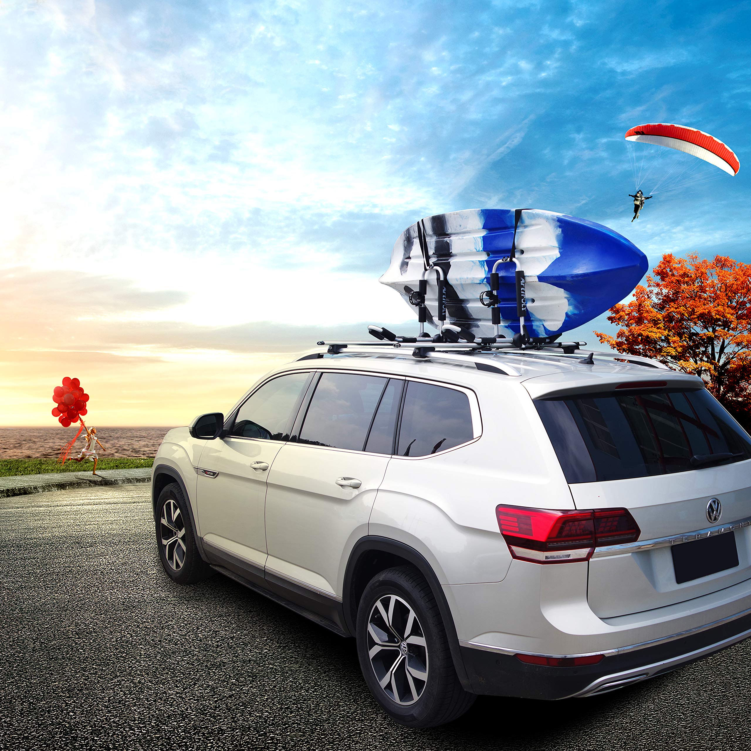 **Heavy-Duty Kayak Roof Rack for 2 Kayaks – Adjustable J-Bar Canoe & Kayak Carrier with Paddle Holder – Fits SUV, Truck & Car Crossbars – Ideal for Kayaking, Canoeing, Surfing & SUP Adventures**