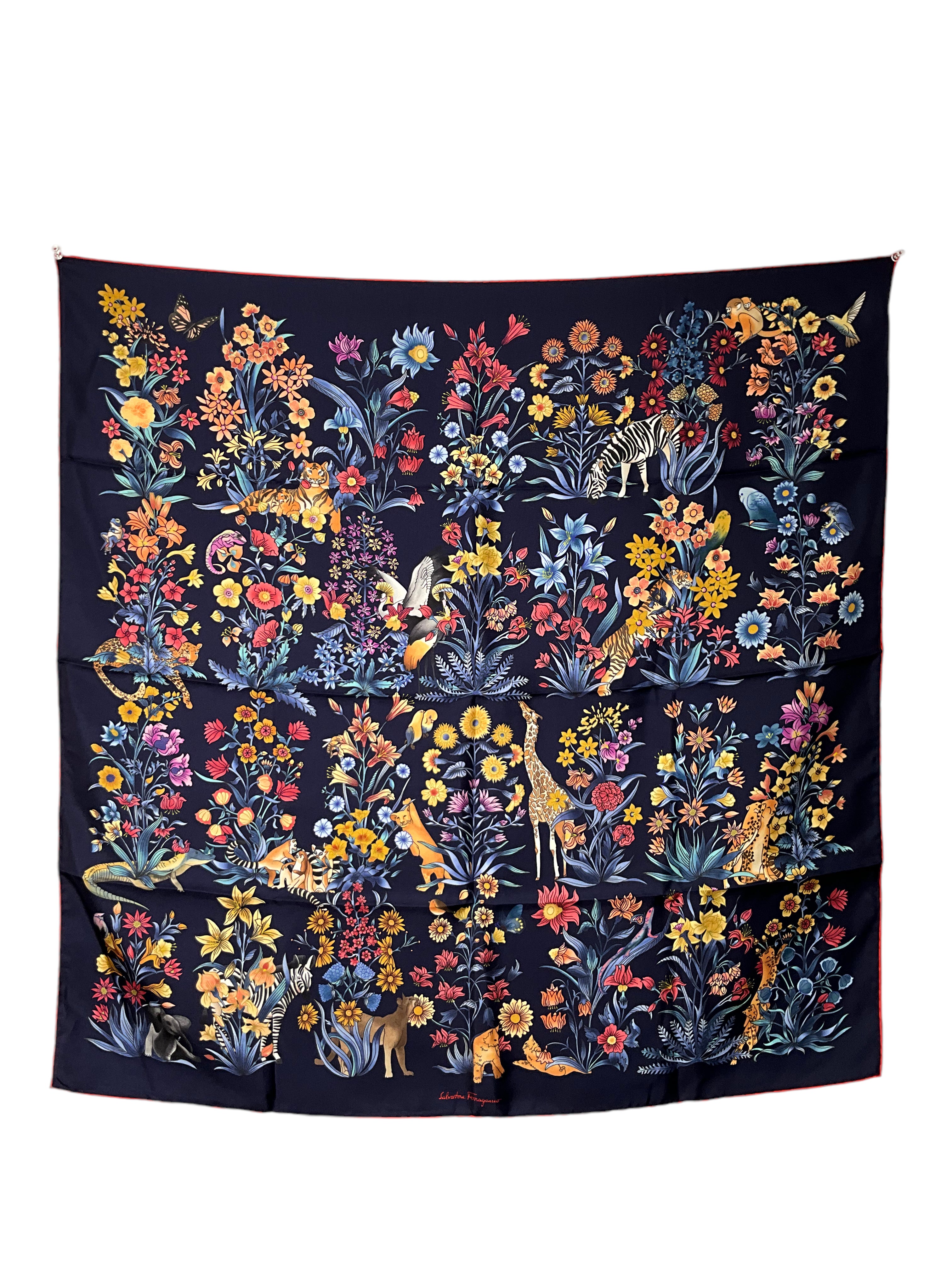 Salvatore Ferragamo Floral Jungle Print Silk Scarf - Luxury Fashion Accessory for Women, Perfect for Office, Travel & Special Occasions