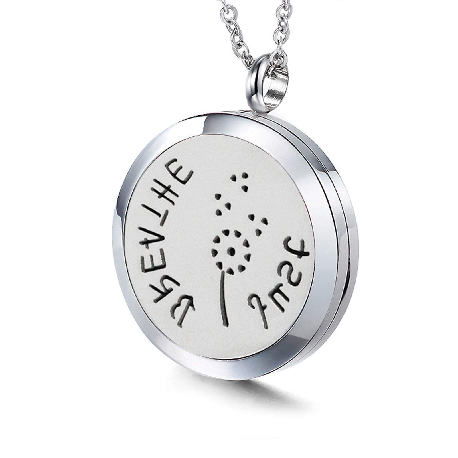 Essential Oil Diffuser Necklace - Round Magnetic Aromatherapy Pendant with 'Just Breathe' Design, Perfect for Women & Girls - Use for Stress Relief, Meditation, Yoga, and Daily Fragrance Therapy