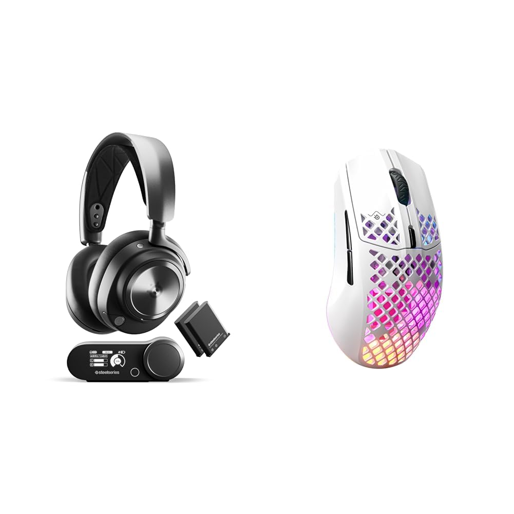 SteelSeries Arctis Nova Pro Wireless Gaming Headset with Noise Cancellation & Aerox 3 Wireless RGB Gaming Mouse - Lightweight Honeycomb Design for PC, PS5, Xbox Series X - Perfect for Competitive Gaming & Streaming