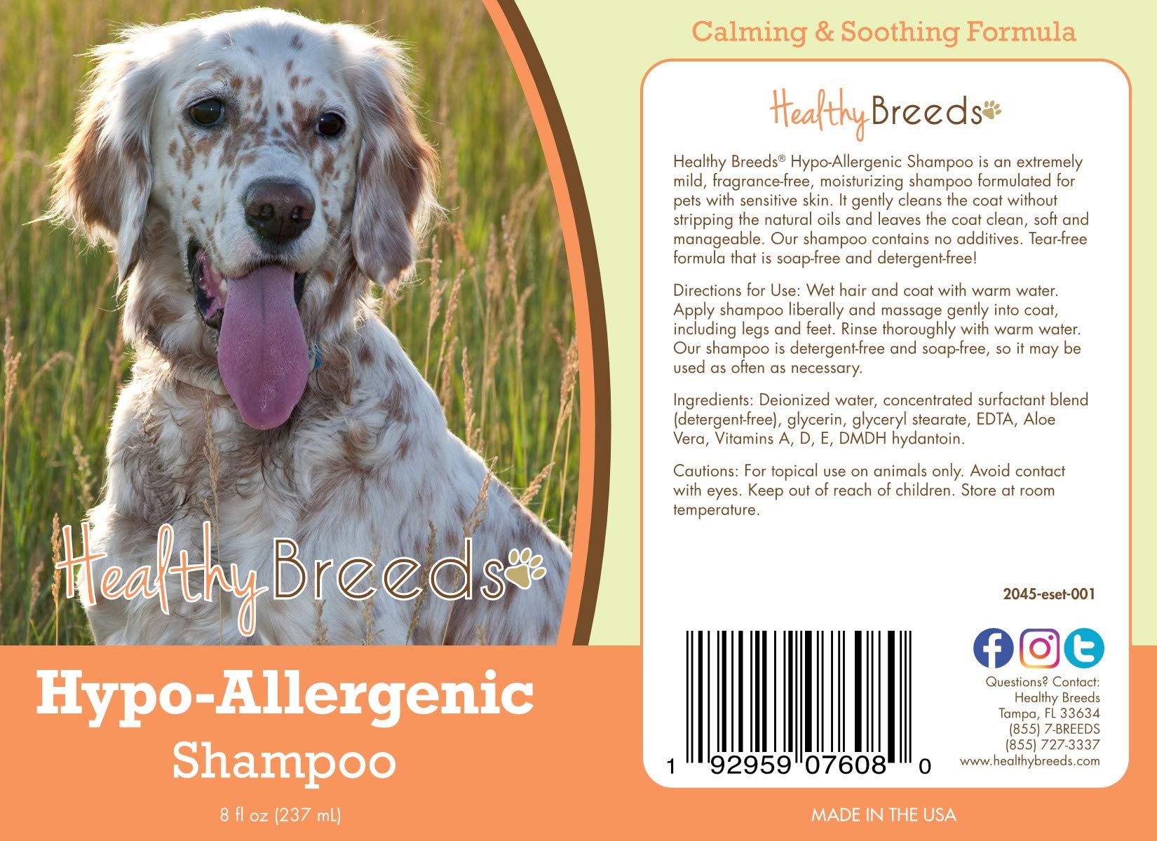 Healthy Breeds English Setter Hypo-Allergenic Dog Shampoo 8 oz - Gentle Oatmeal Formula for Sensitive Skin & Allergy Relief - Perfect for Bathing, Grooming & Soothing Itchy Skin
