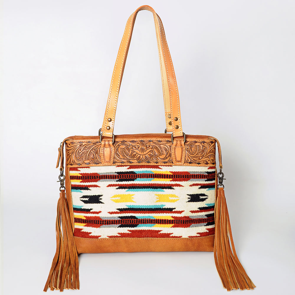 ADBG855A Genuine Leather Western Handbag - American Darling Hand-Tooled Saddle Blanket Design Women's Purse for Cowgirl Fashion & Rodeo Events