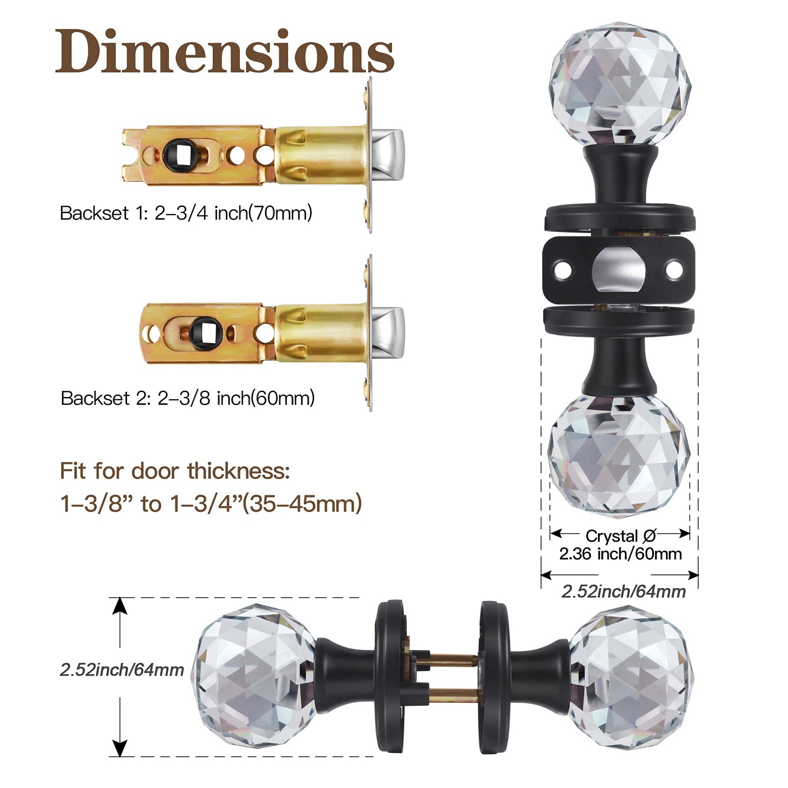 Premium Matte Black Crystal Glass Door Knobs - Interior Passage Set for Hallway, Closet & Bedroom Doors - Elegant Hardware for Modern Home Decor
