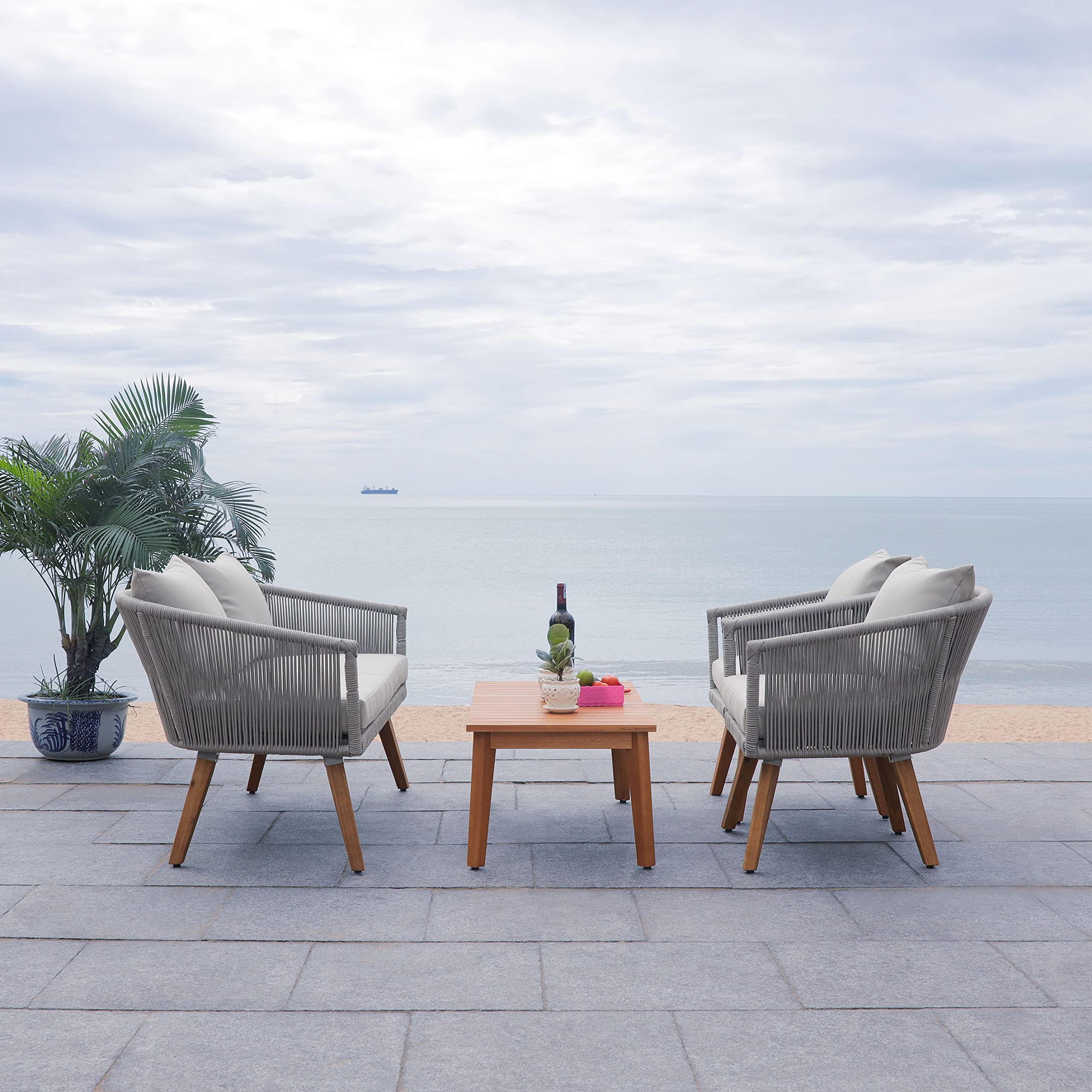 SAFAVIEH PAT7072A Outdoor Velso Rope 4-Piece Patio Set with Seat Cushions & Throw Pillows - Waterproof Garden Furniture for Backyard, Poolside or Deck - Perfect for Outdoor Relaxation & Entertaining