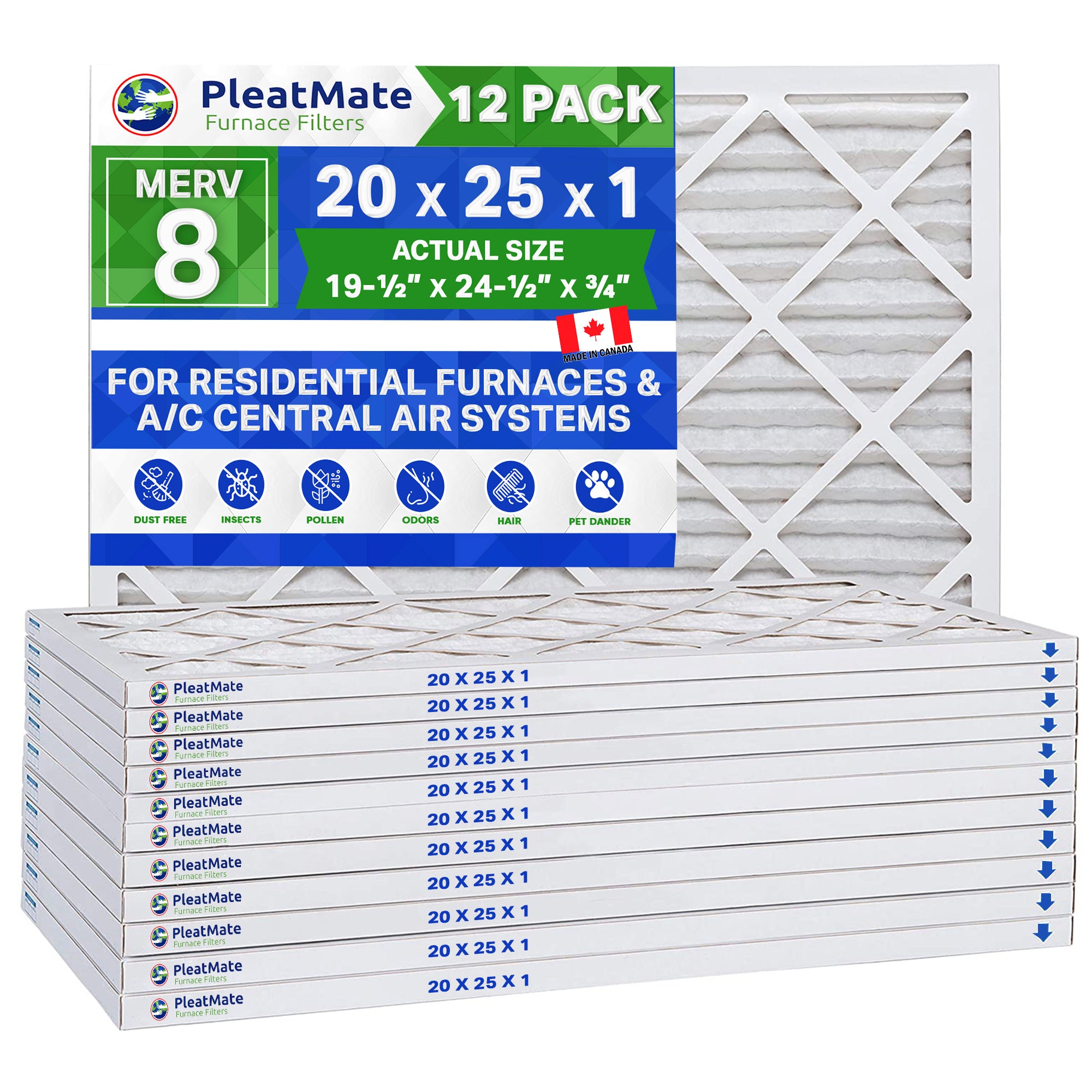 25x25x1 MERV 8 Pleated Air Filters - Case of 12 | High Efficiency Furnace Filters for Home HVAC Systems | Dust, Pollen & Allergen Reduction