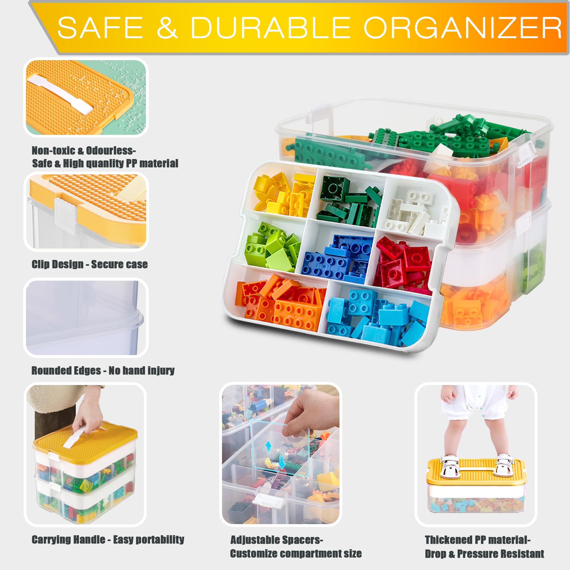 Stackable Kids Lego Storage Organizer - 2-Layer Clear Building Blocks Container Box with Baseplate Lids | Portable Playroom Organization Bin with Drawers & Puzzle Board | Perfect for Lego Brick Storage, Craft Organization & Kids Room Decor
