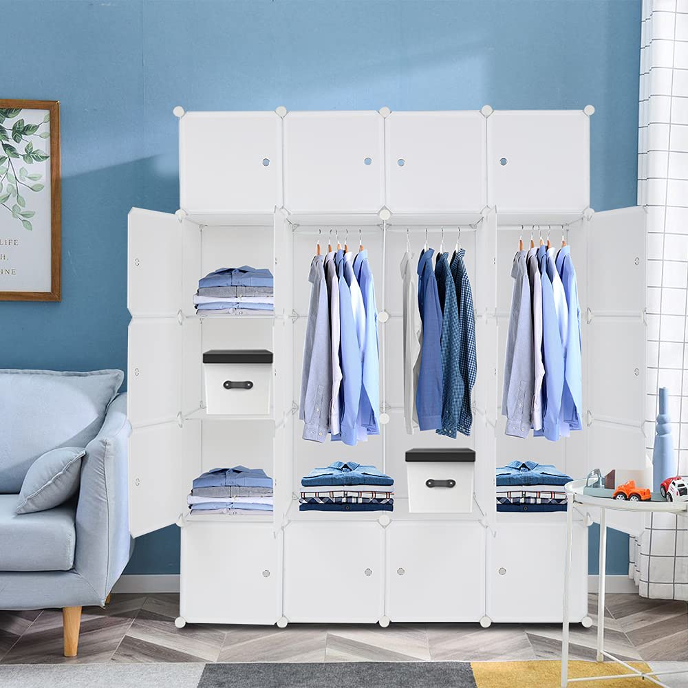 20-Cube Stackable Plastic Storage Shelves - Modular Closet Organizer with Hanging Rod, White | Space-Saving Home & Office Organization for Bedroom, Living Room, Kids Room