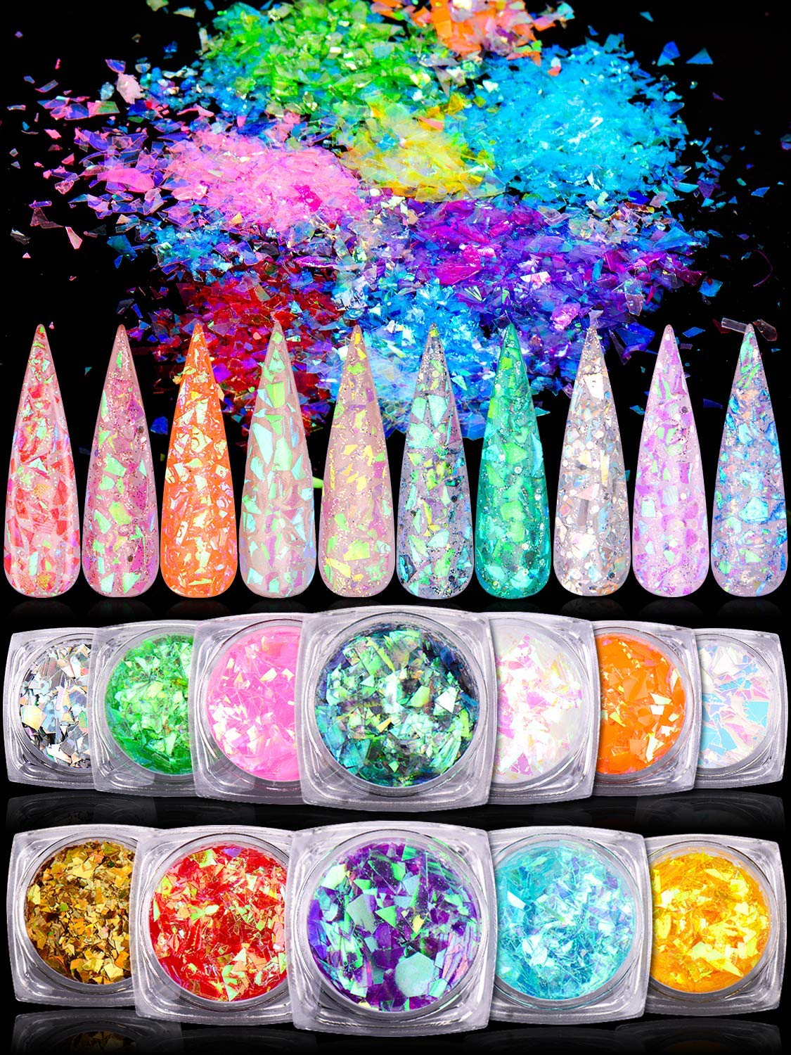 WorldWesties Nail Art Glitter Flakes - 12 Pack Multicolor Chunky Mylar Flakes for Nail Decoration, DIY Crafts, Face & Body Art | Perfect for Salon, Home Manicure & Creative Projects