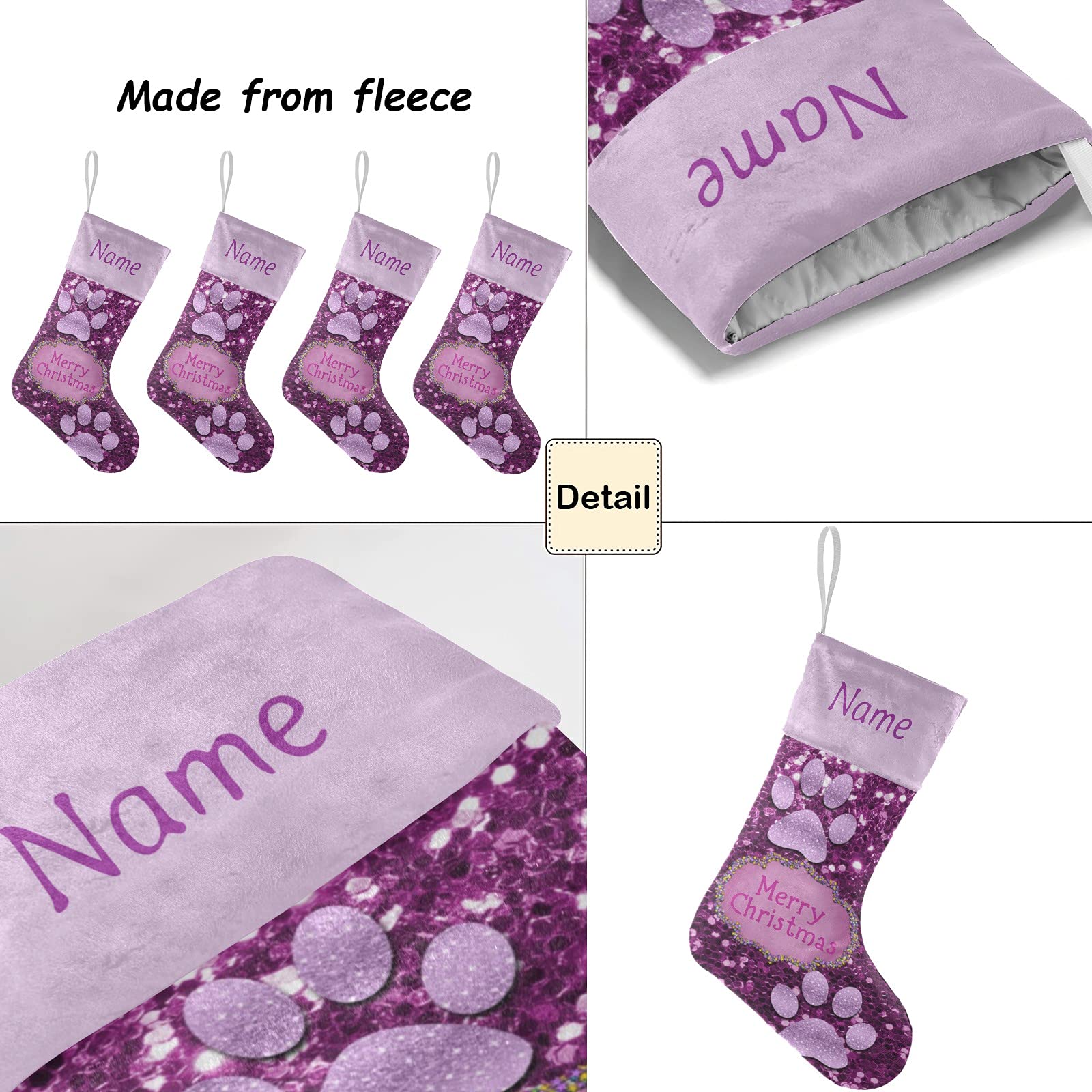 Personalized Christmas Stockings with Name - Purple Paw Bling Print Holiday Decor for Family, Pets & Home (17.52 x 7.87 Inch) - Perfect for Fireplace Mantel, Xmas Tree Decorations & Gift Exchange Parties