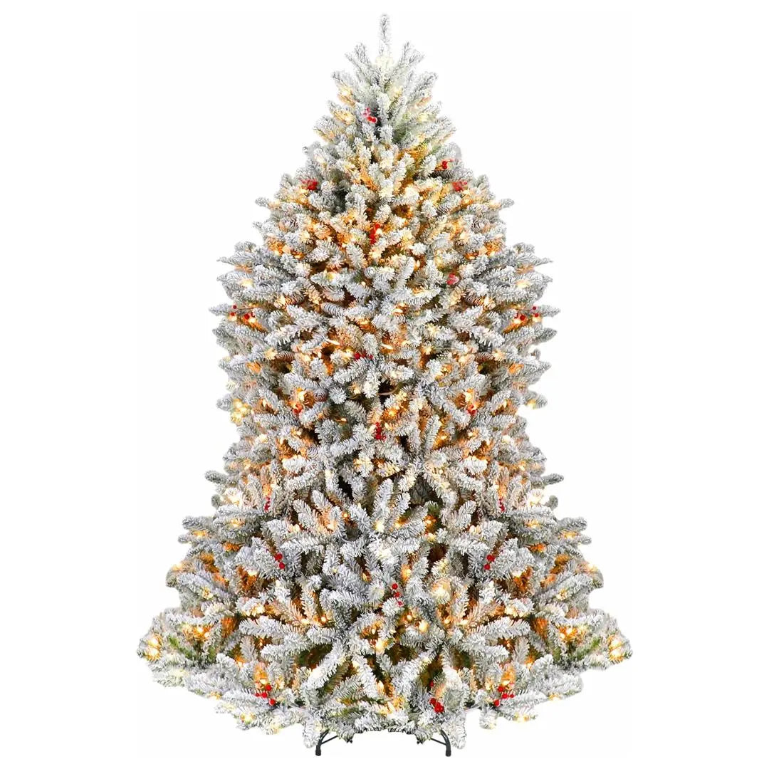 6.5'/7.5' Pre-Lit Snow Flocked Artificial Fir Christmas Tree with Pine Cones & Berries - PVC Branch Tips, Warm White LED Lights, Metal Stand & Hinged Branches for Holiday Home Decor, Office & Christmas Party Decoration