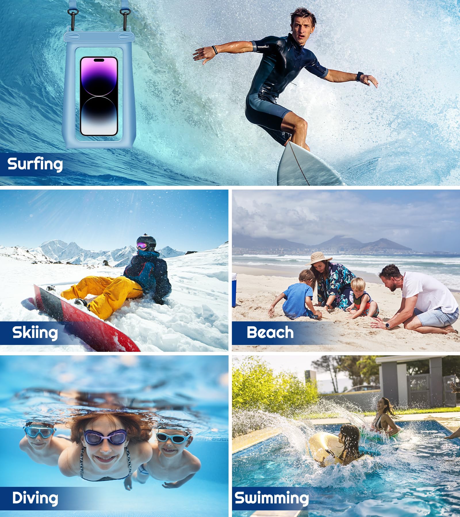 Universal Waterproof Phone Pouch - Floating Dry Bag for iPhone 15/14/13/12/11 Pro Max/XS/XR/X & Samsung Galaxy S24/S23/S22/S21 FE Ultra - Underwater Case with Lanyard (Blue) - Perfect for Swimming, Beach Vacations, Kayaking and Water Sports