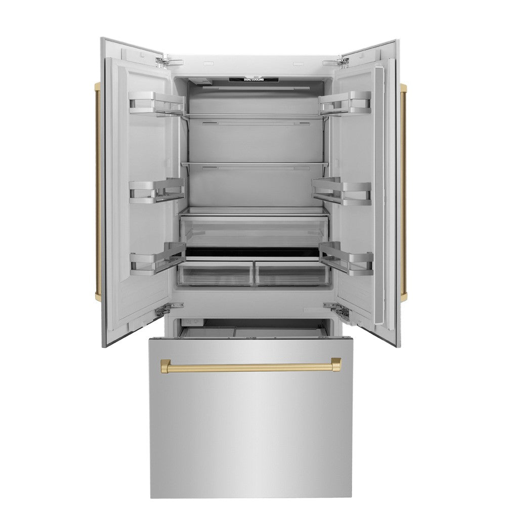 ZLINE Autograph Edition 36 Inch French Door Built-In Refrigerator with Bottom Freezer - 19.6 cu.ft Capacity, Stainless Steel with Champagne Bronze Accents, Water Dispenser & Ice Maker - Perfect for Modern Kitchens & Open-Concept Homes (Model RBIVZ 304 36 CB)