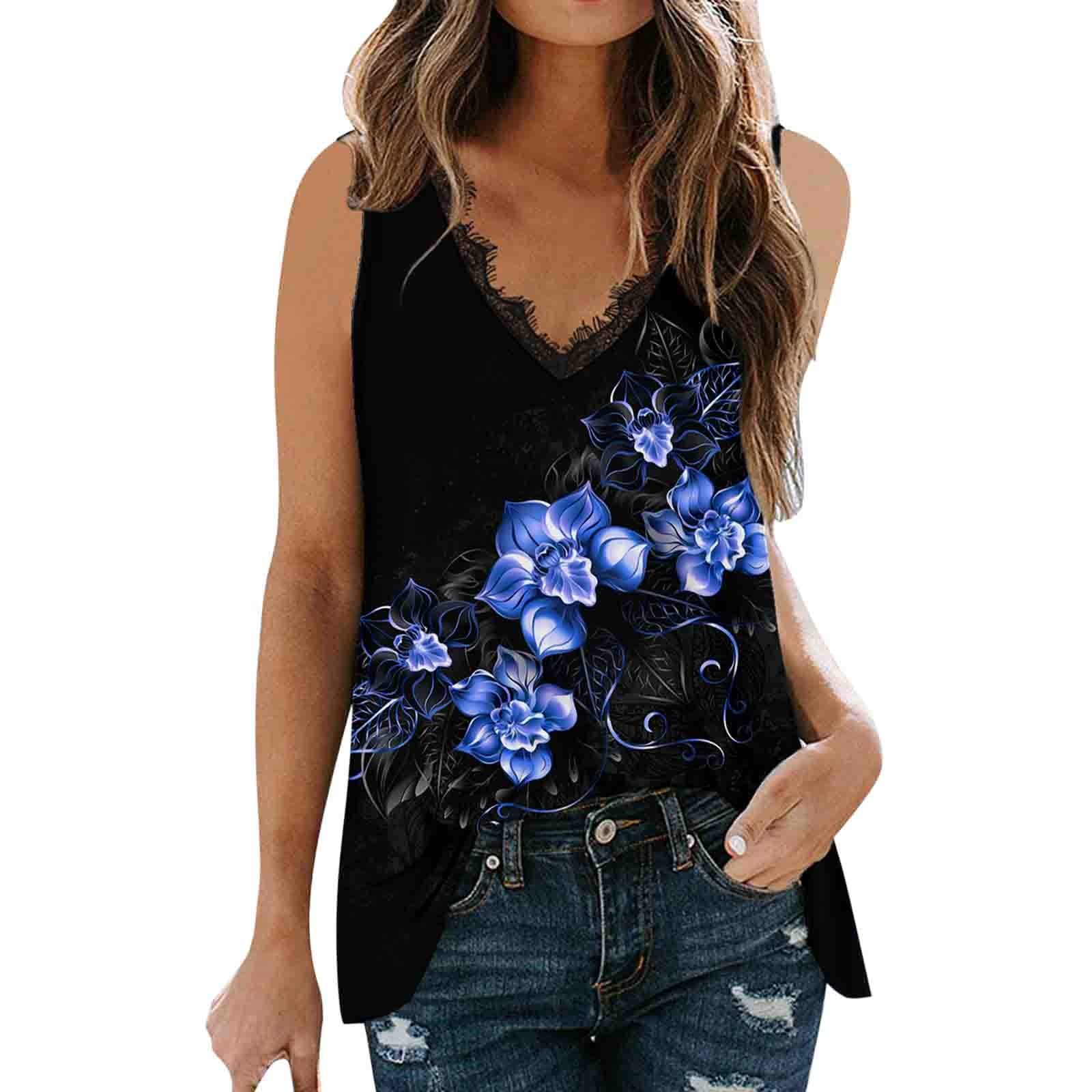 Women's Summer Sleeveless Floral Printed V-Neck Lace Tank Top - Casual Vest T-Shirt for Women - Perfect for Beach, Vacation & Everyday Wear