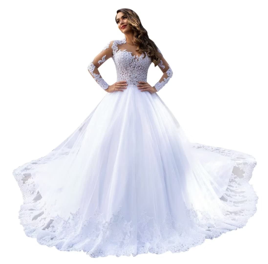 TORYEMY Elegant White Lace Wedding Dress for Women - Long Sleeve Puffy Tulle Bridal Gown with Train | Perfect for Church Ceremony, Beach Wedding, and Formal Reception