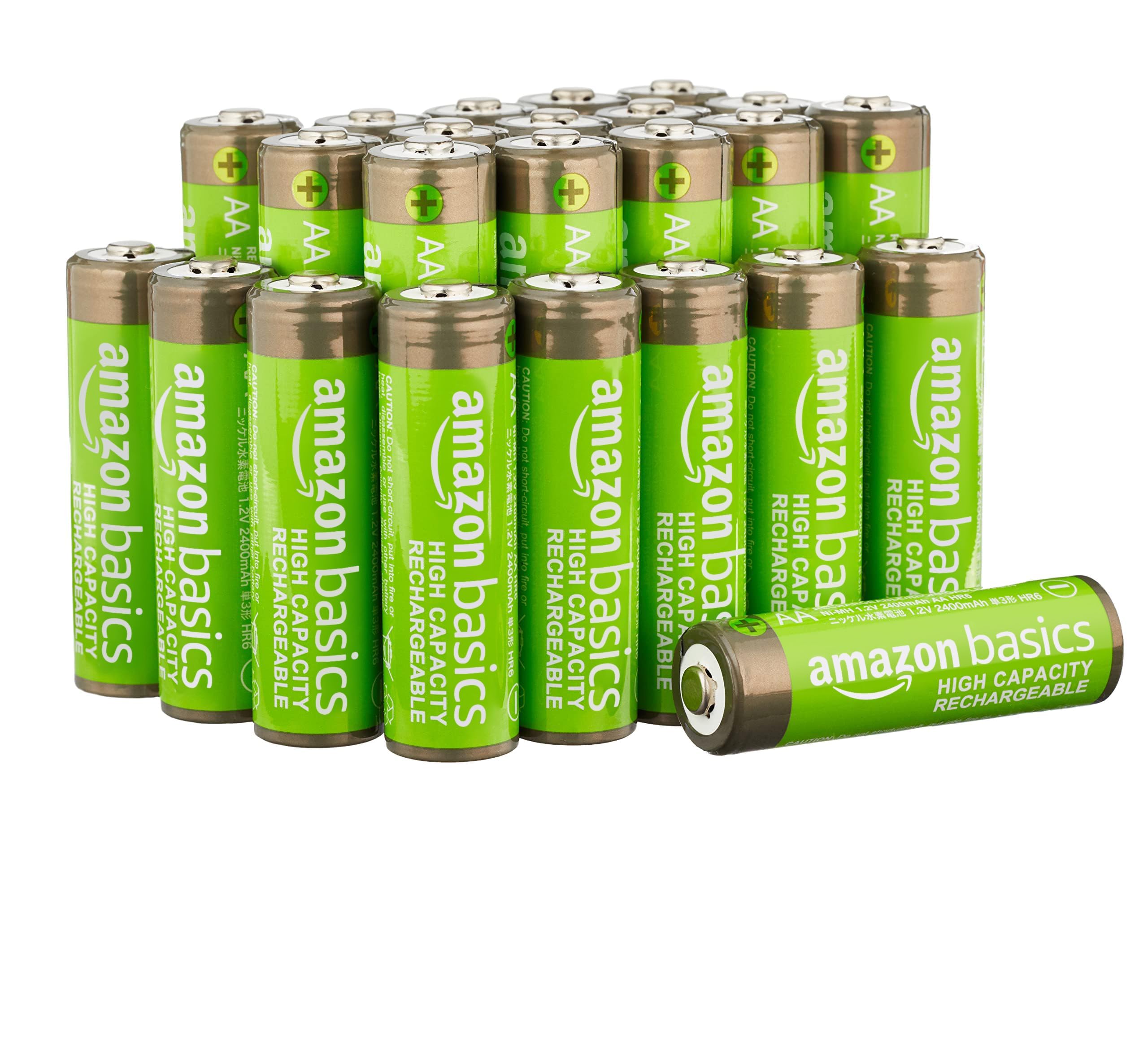 AmazonBasics 24 Pack AA High-Capacity 2,400mAh Rechargeable Batteries with 4-Hour Fast Charger - Overcharge Protection, Pre-Charged - Perfect for Cameras, Toys, Remote Controls & Electronics