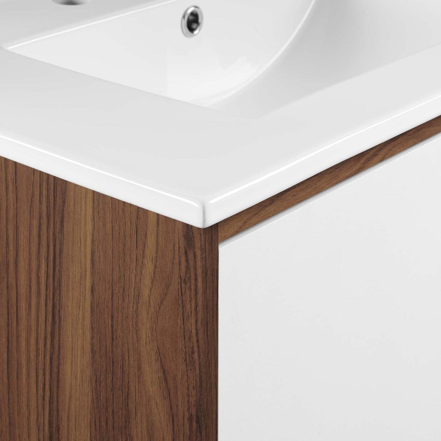 Modway Transmit 30-Inch Wall-Mount Bathroom Vanity in Walnut & White - Modern Space-Saving Storage Solution for Small Bathrooms & Powder Rooms