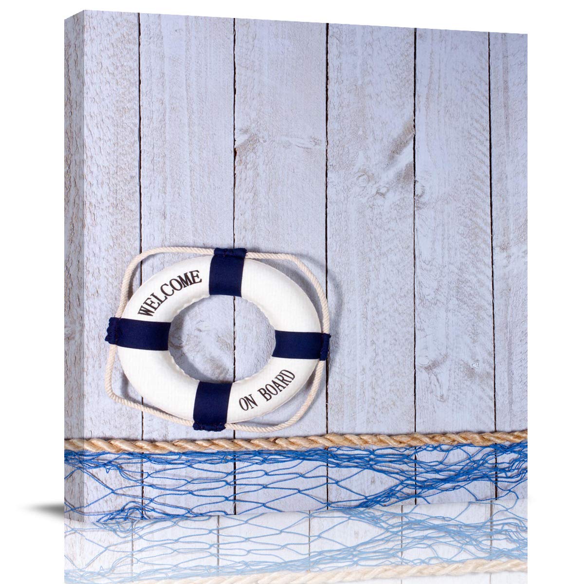 Seaside Round Lifebuoy & Broken Wooden Plank Letter Canvas Art - 24x24 Inch Wall Decor for Living Room, Bedroom & Office - Coastal Theme Home Decoration
