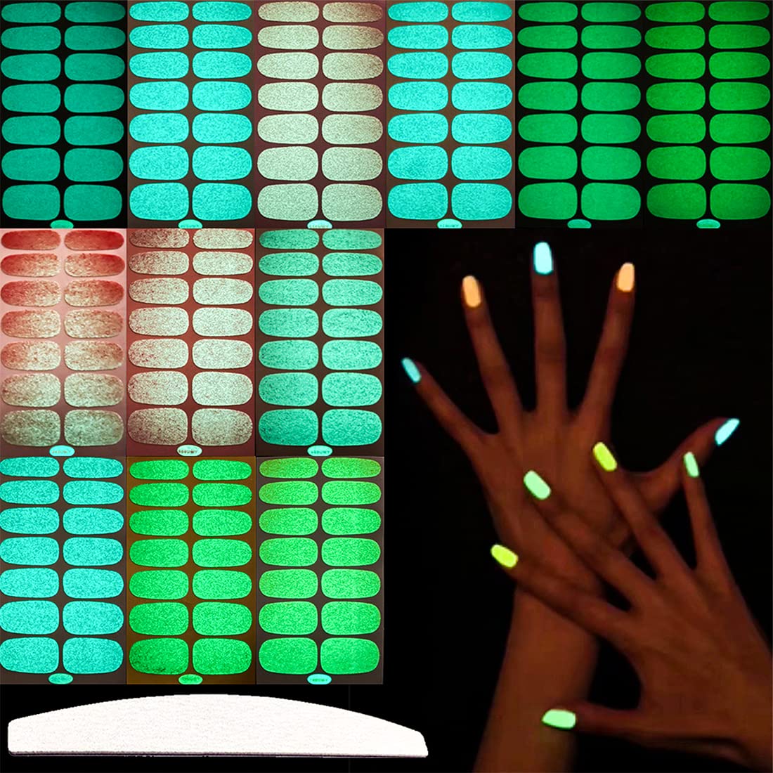 12 Sheets Glow in The Dark Nail Polish Strips - Self-Adhesive Gel Nail Stickers with Nail File, Full Nail Wraps for Women, Perfect for Parties, Night Events & Nail Art Designs