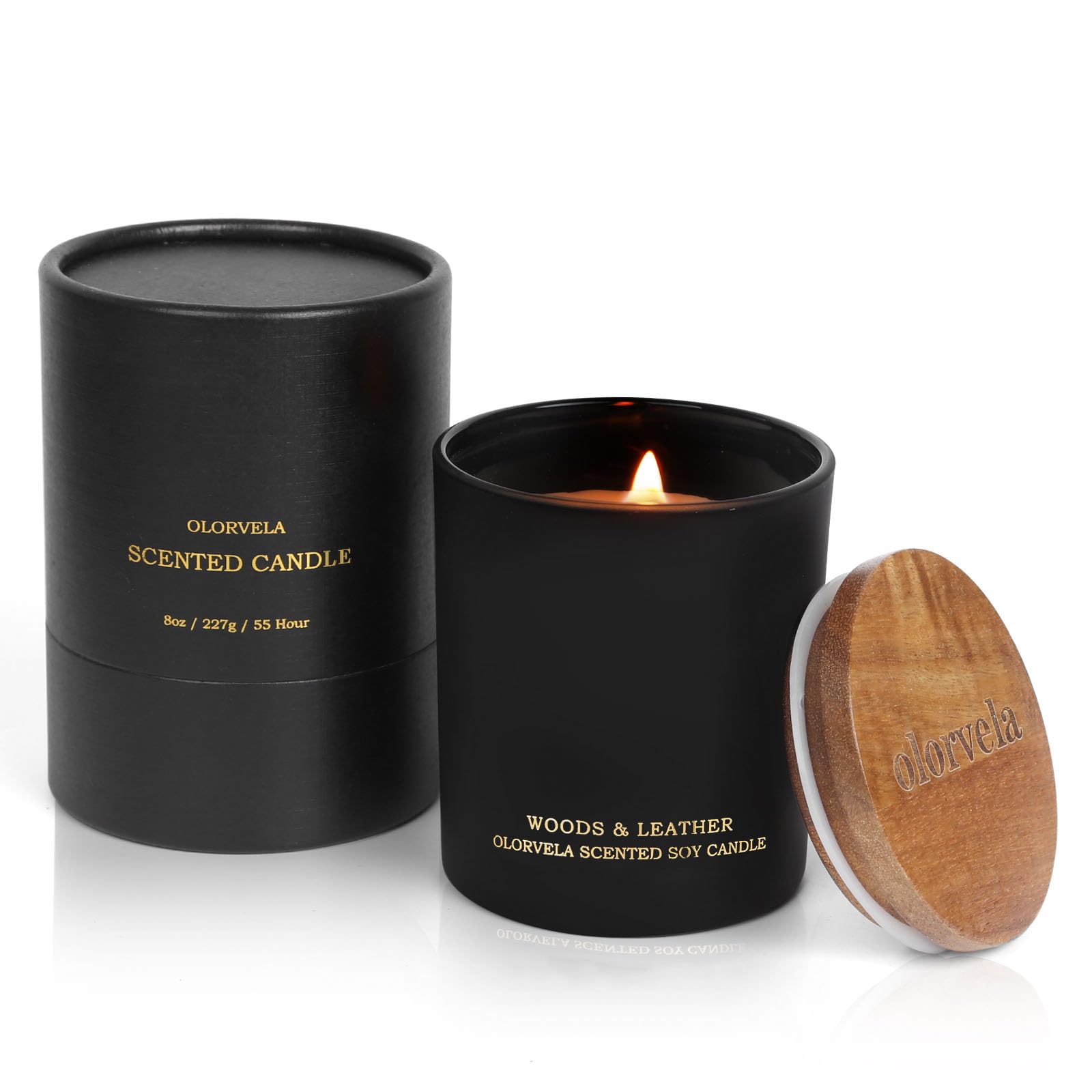 Premium Wood Wicked Candles for Men - 8oz Natural Soy Candle with Woods & Leather Scent, 50-Hour Burn Time, Aromatherapy Home Fragrance | Perfect for Relaxation, Meditation, and Creating a Cozy Masculine Atmosphere