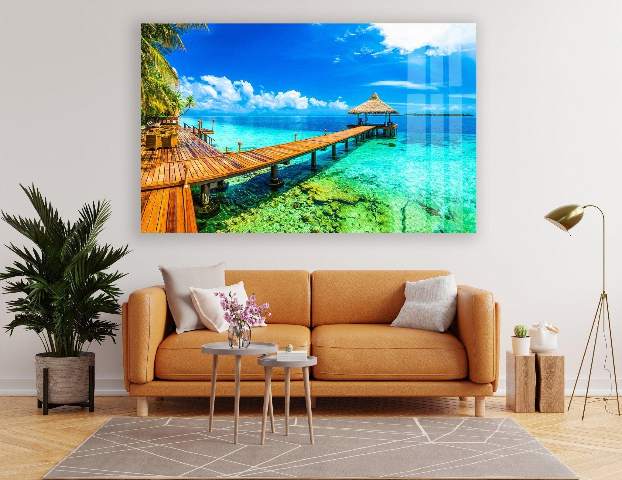 Stunning Tropical Island Glass Wall Art - Handmade Beach Decor for Living Room, Bedroom & Office - Perfect Coastal Home Accent