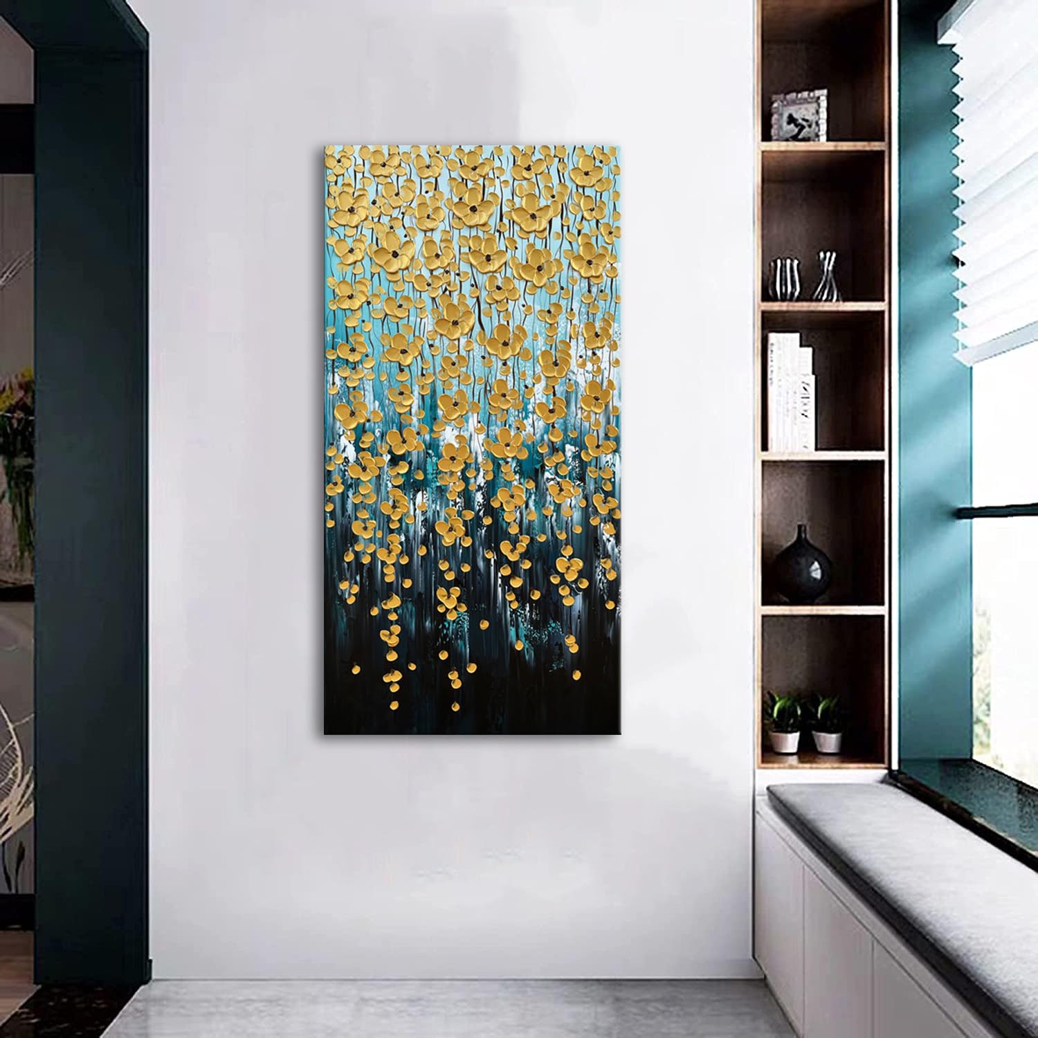 Zoinart 3D Modern Oil Painting on Canvas 24x48 Inches - Hand Painted Abstract Gold Floral Artwork with Texture - Vertical Contemporary Wall Art for Living Room, Bedroom & Office Decor