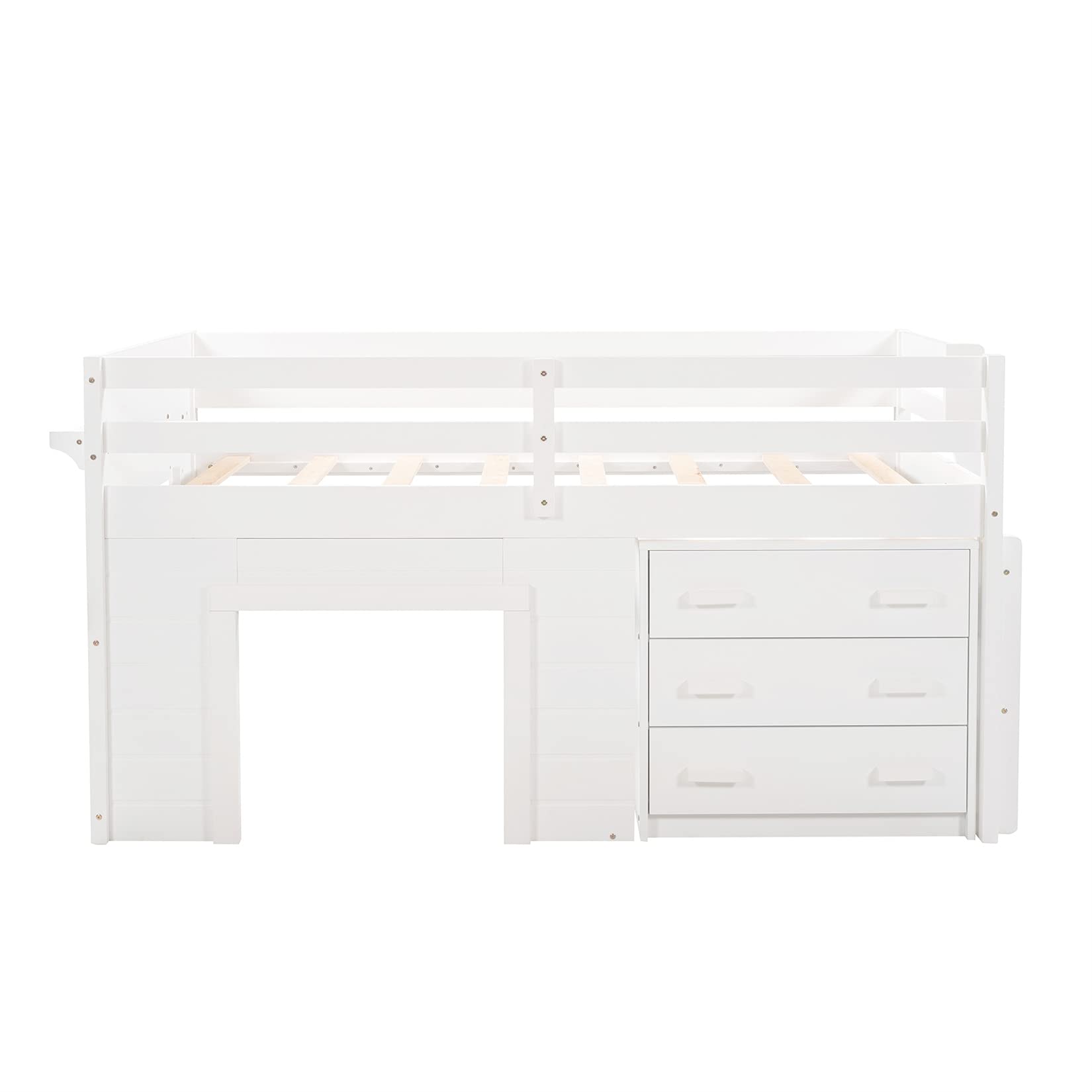Bellemave Low Loft Twin Bed with 3 Drawers & Cabinet - Farmhouse Style Wooden Loft Bed Frame with Bedside Tray for Kids, Teens, Boys & Girls - Perfect for Small Bedrooms, Dorm Rooms & Space-Saving Kids' Rooms (White)