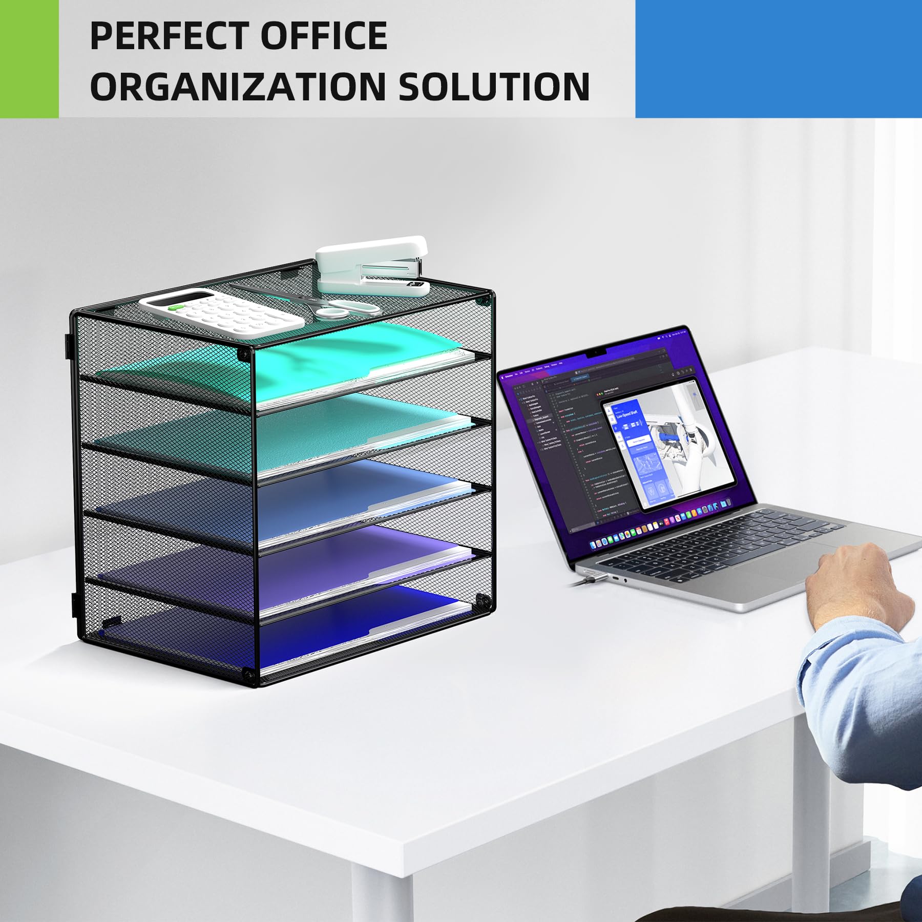 6 Tier Metal Desk Organizer - Black Paper Tray & File Holder for Office, School, Home | Workspace Storage Solution for Documents, Folders, Mail | Perfect for Clutter-Free Desk Organization