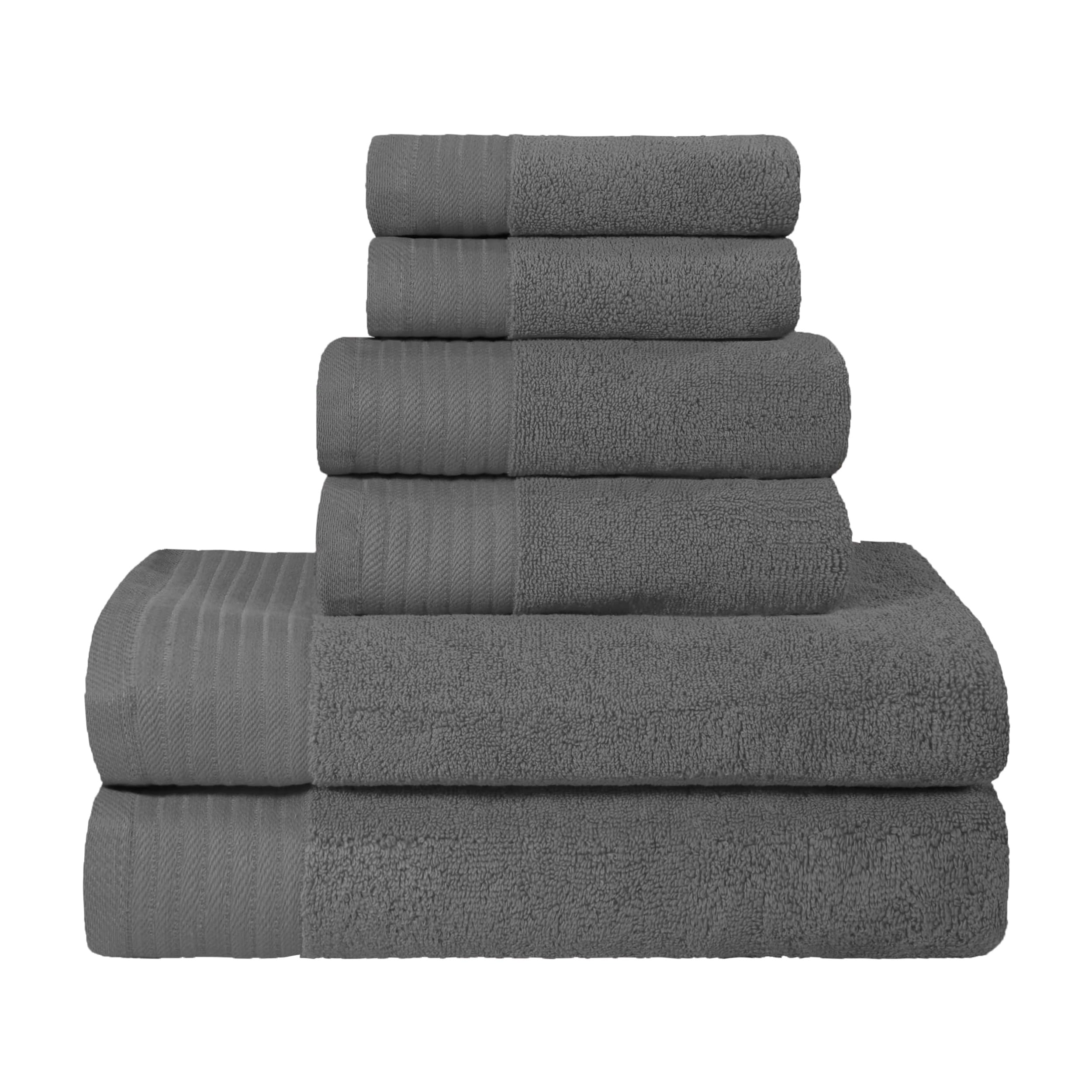 Premium Herringbone Turkish Cotton Towel Set - 6-Piece Highly Absorbent Bath, Hand & Face Towels for Spa, Guest & Master Bathroom | Soft Luxury Towels for Hotel, Home & Gym Use | Grey Solid Color